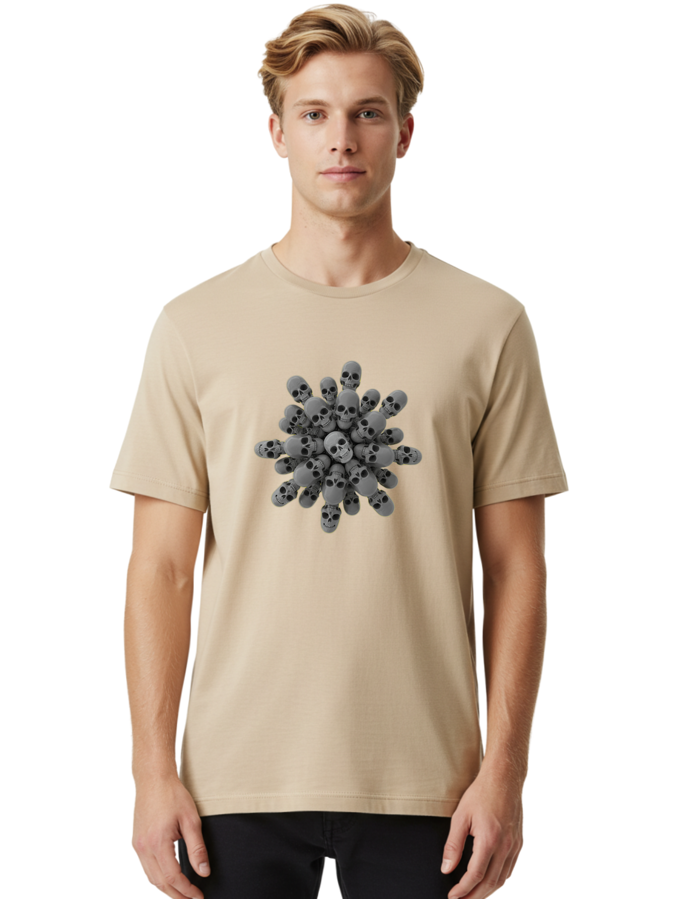 Skull-Cluster Men'S Graphic Tee, 100% Cotton, Comfortable Casual Summer Wear, Machine Washable, Cluster Of Gray Skulls, Multiple Skulls, Human Skulls, 3D Rendering, Skull Collection, Dark Art, Horror Theme, Macabre Symbolism, Death Imagery Bad583 16