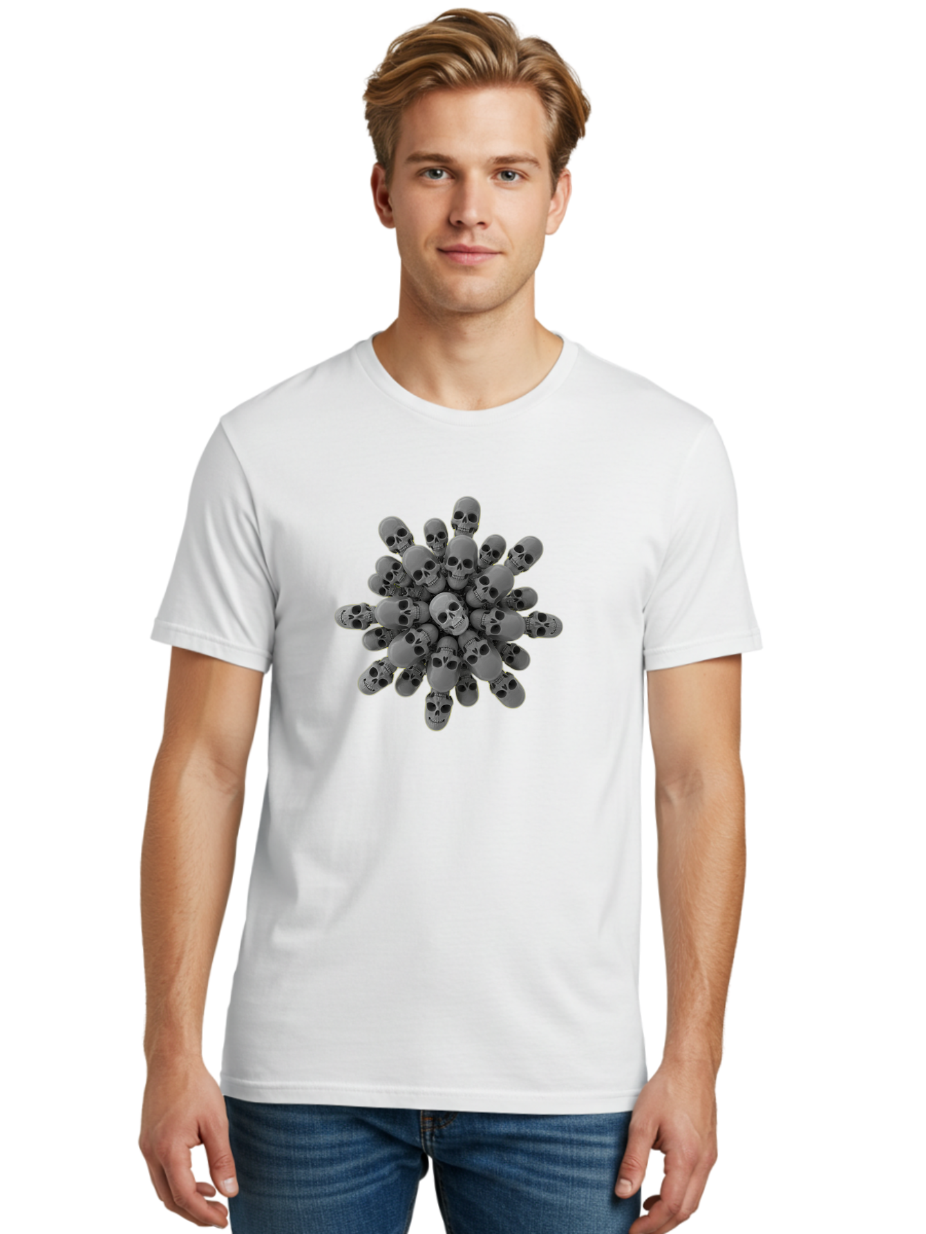 Skull-Cluster Men'S Graphic Tee, 100% Cotton, Comfortable Casual Summer Wear, Machine Washable, Cluster Of Gray Skulls, Multiple Skulls, Human Skulls, 3D Rendering, Skull Collection, Dark Art, Horror Theme, Macabre Symbolism, Death Imagery Bad583 22