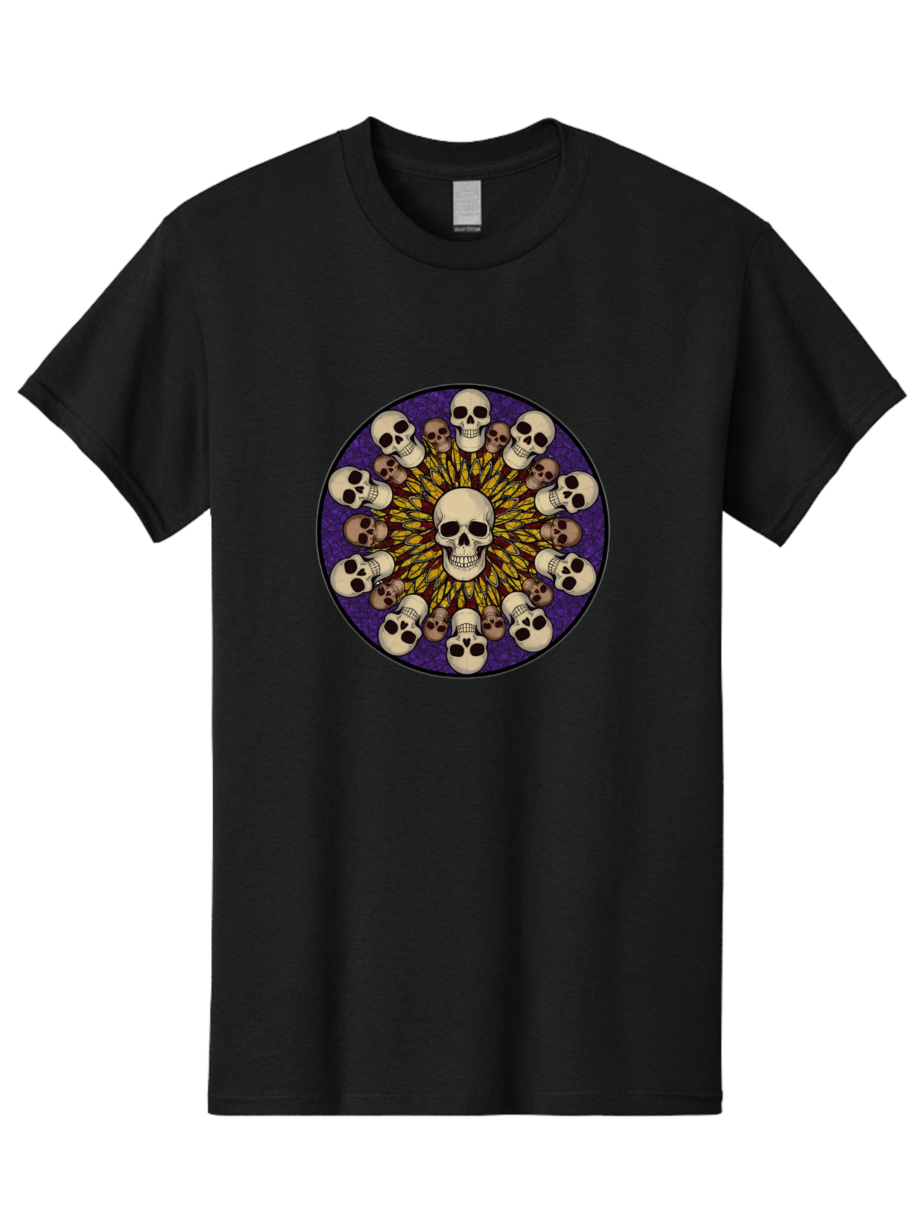 Skull-Explosion Men'S Graphic Tee, 100% Cotton, Comfortable Casual Summer Wear, Machine Washable, Skull Mandala, Human Skulls, Intricate Design, Purple Background, Abstract Art, Alternative Culture, Gothic Art, Yellow Rays, Circle Pattern, Bad584 5