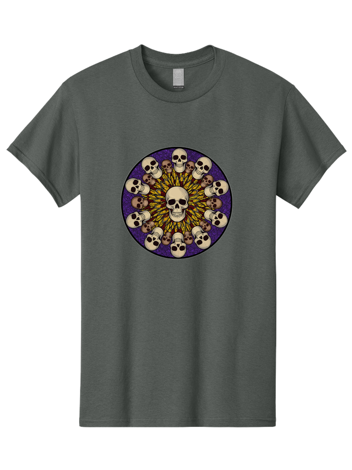 Skull-Explosion Men'S Graphic Tee, 100% Cotton, Comfortable Casual Summer Wear, Machine Washable, Skull Mandala, Human Skulls, Intricate Design, Purple Background, Abstract Art, Alternative Culture, Gothic Art, Yellow Rays, Circle Pattern, Bad584 10