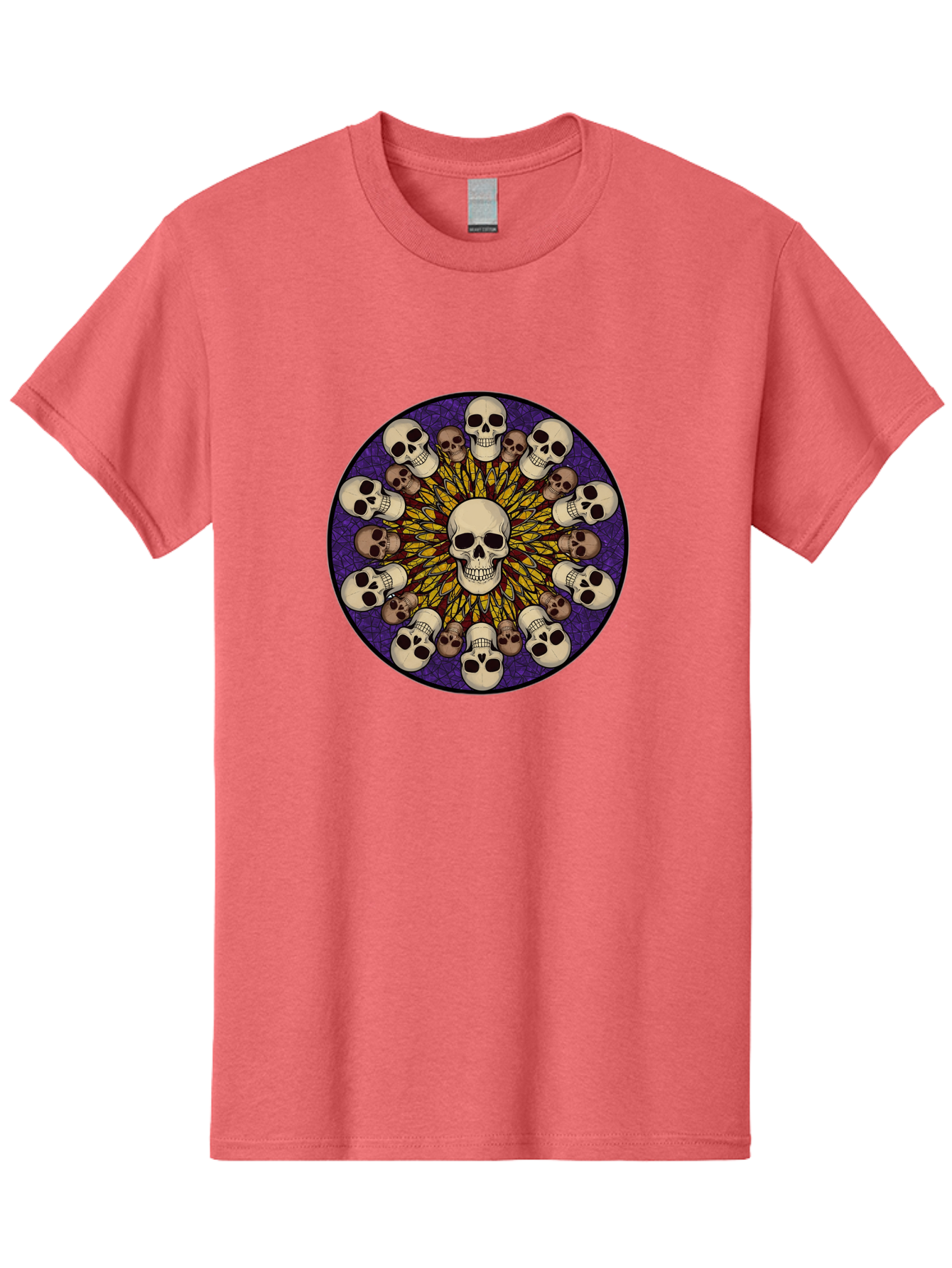 Skull-Explosion Men'S Graphic Tee, 100% Cotton, Comfortable Casual Summer Wear, Machine Washable, Skull Mandala, Human Skulls, Intricate Design, Purple Background, Abstract Art, Alternative Culture, Gothic Art, Yellow Rays, Circle Pattern, Bad584 7