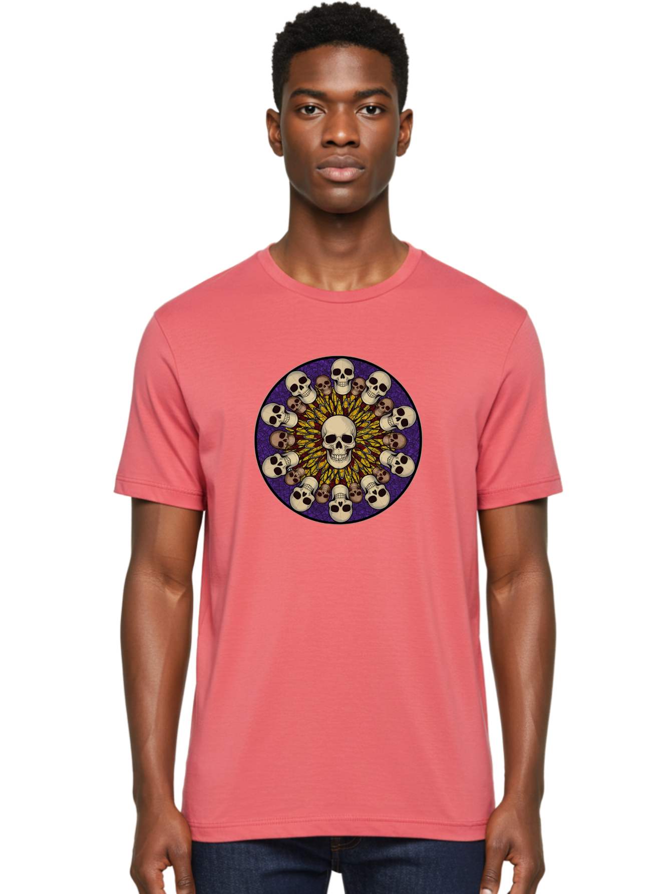 Skull-Explosion Men'S Graphic Tee, 100% Cotton, Comfortable Casual Summer Wear, Machine Washable, Skull Mandala, Human Skulls, Intricate Design, Purple Background, Abstract Art, Alternative Culture, Gothic Art, Yellow Rays, Circle Pattern, Bad584 22