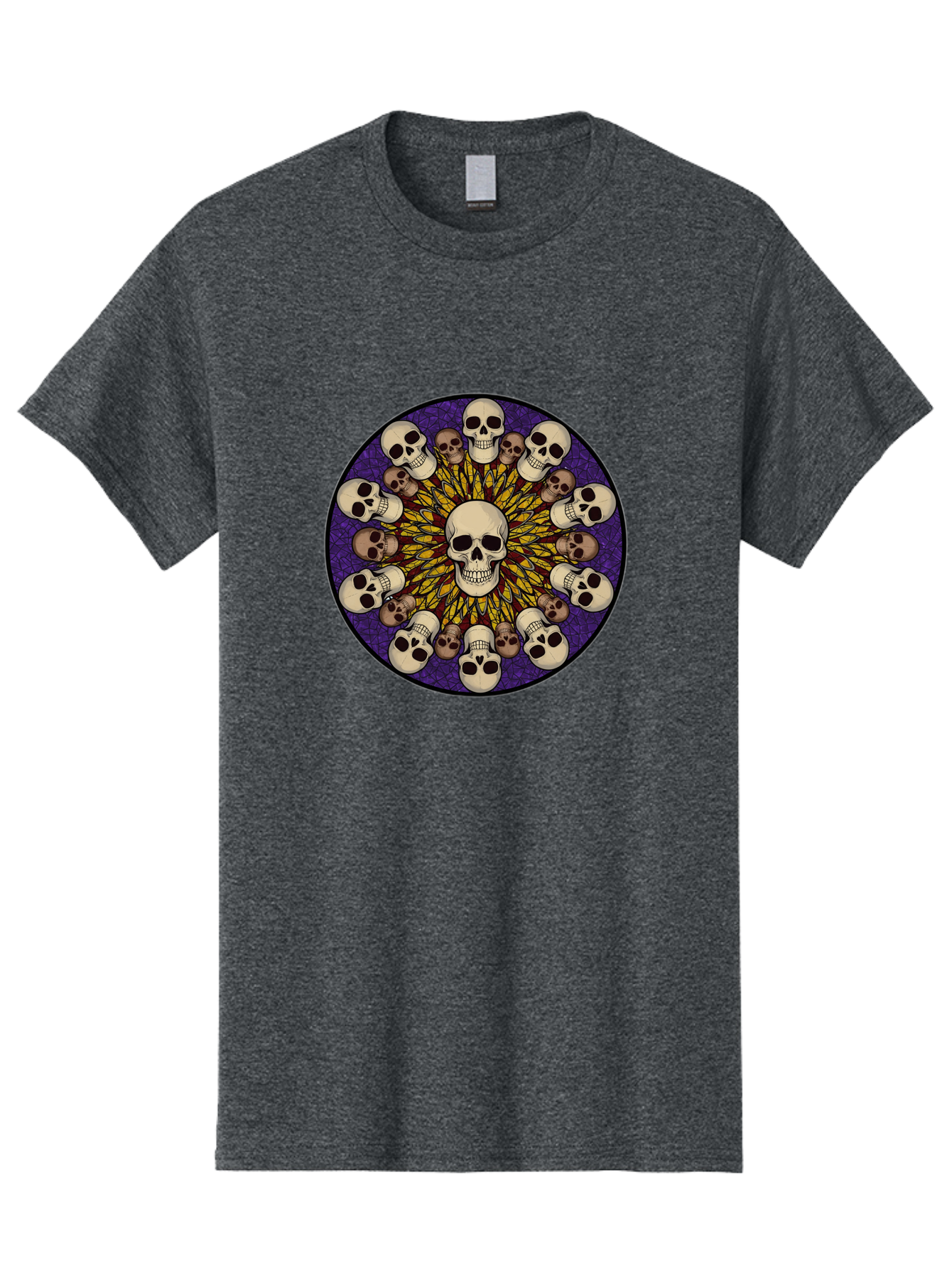 Skull-Explosion Men'S Graphic Tee, 100% Cotton, Comfortable Casual Summer Wear, Machine Washable, Skull Mandala, Human Skulls, Intricate Design, Purple Background, Abstract Art, Alternative Culture, Gothic Art, Yellow Rays, Circle Pattern, Bad584 13