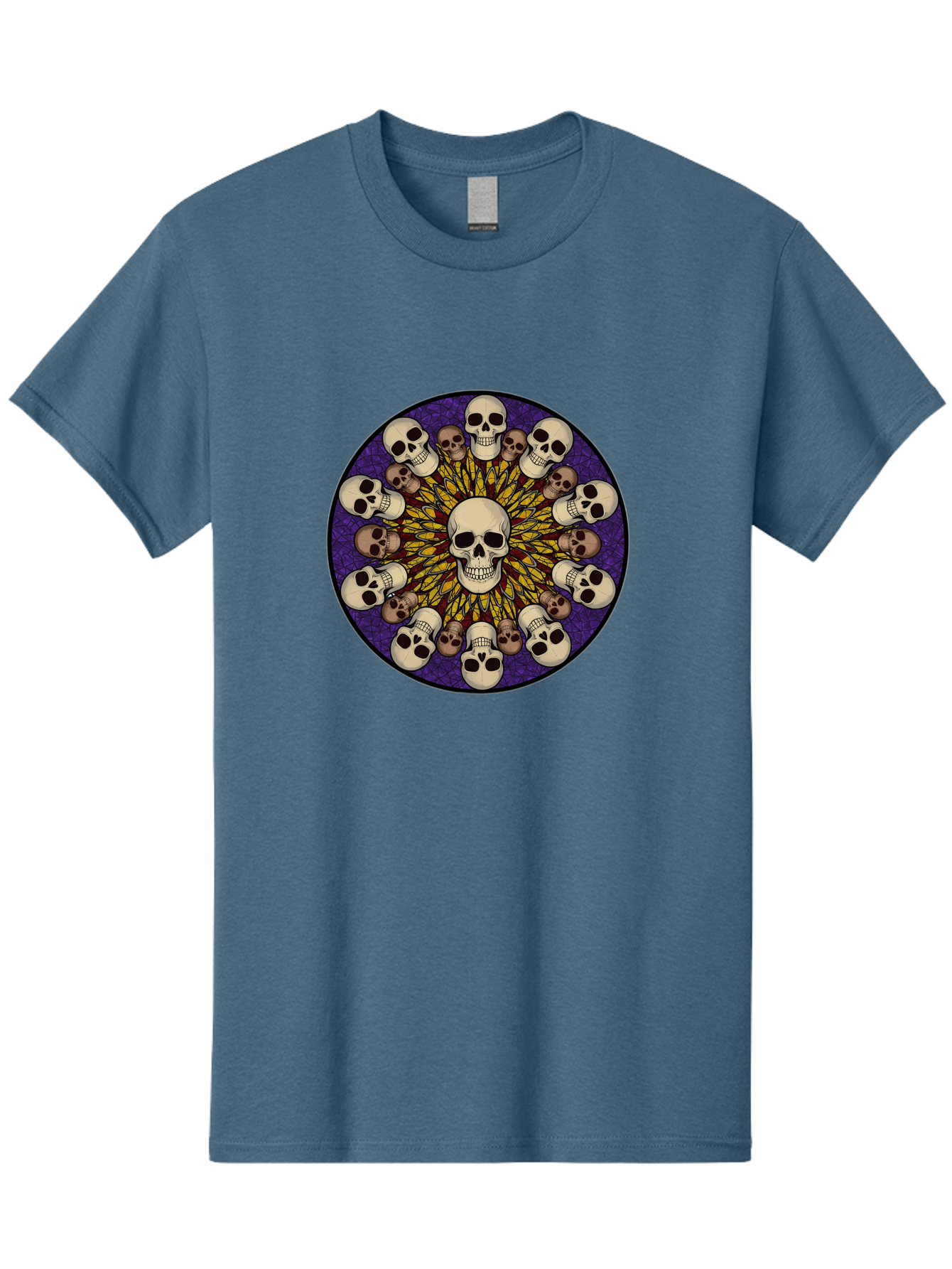Skull-Explosion Men'S Graphic Tee, 100% Cotton, Comfortable Casual Summer Wear, Machine Washable, Skull Mandala, Human Skulls, Intricate Design, Purple Background, Abstract Art, Alternative Culture, Gothic Art, Yellow Rays, Circle Pattern, Bad584 1
