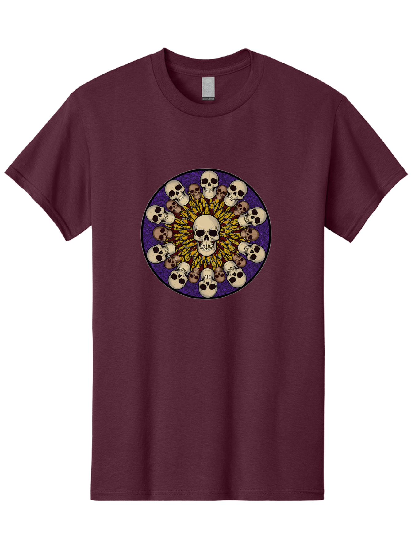 Skull-Explosion Men'S Graphic Tee, 100% Cotton, Comfortable Casual Summer Wear, Machine Washable, Skull Mandala, Human Skulls, Intricate Design, Purple Background, Abstract Art, Alternative Culture, Gothic Art, Yellow Rays, Circle Pattern, Bad584 12
