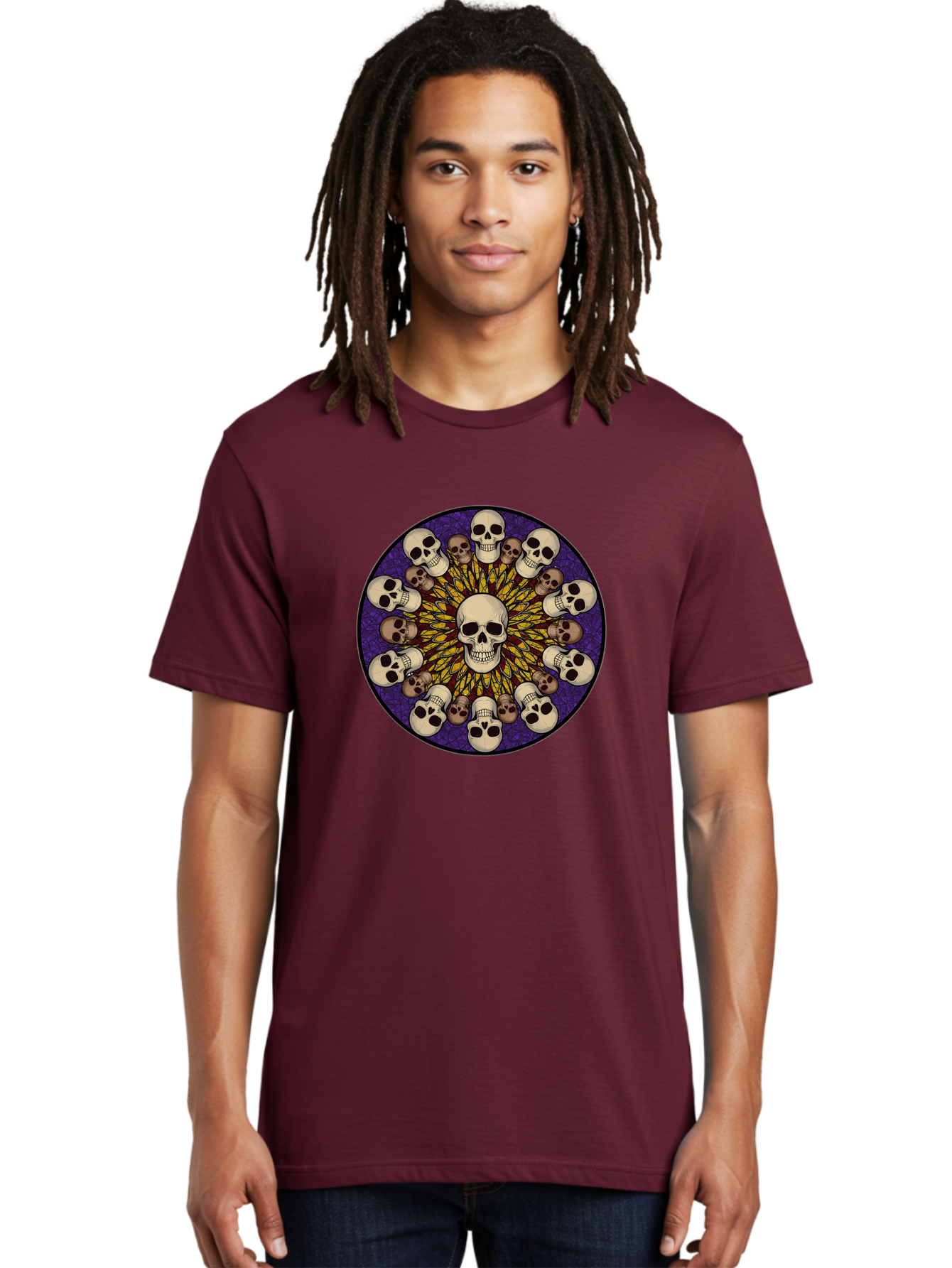 Skull-Explosion Men'S Graphic Tee, 100% Cotton, Comfortable Casual Summer Wear, Machine Washable, Skull Mandala, Human Skulls, Intricate Design, Purple Background, Abstract Art, Alternative Culture, Gothic Art, Yellow Rays, Circle Pattern, Bad584 27