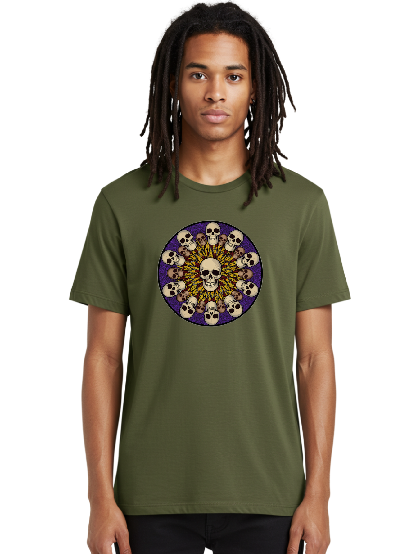 Skull-Explosion Men'S Graphic Tee, 100% Cotton, Comfortable Casual Summer Wear, Machine Washable, Skull Mandala, Human Skulls, Intricate Design, Purple Background, Abstract Art, Alternative Culture, Gothic Art, Yellow Rays, Circle Pattern, Bad584 26