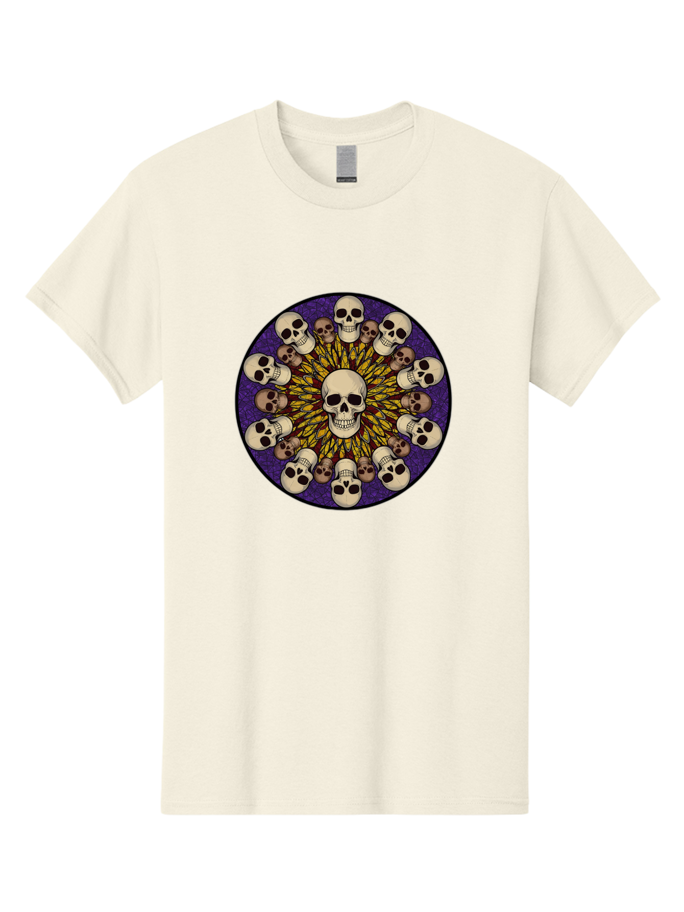 Skull-Explosion Men'S Graphic Tee, 100% Cotton, Comfortable Casual Summer Wear, Machine Washable, Skull Mandala, Human Skulls, Intricate Design, Purple Background, Abstract Art, Alternative Culture, Gothic Art, Yellow Rays, Circle Pattern, Bad584 15