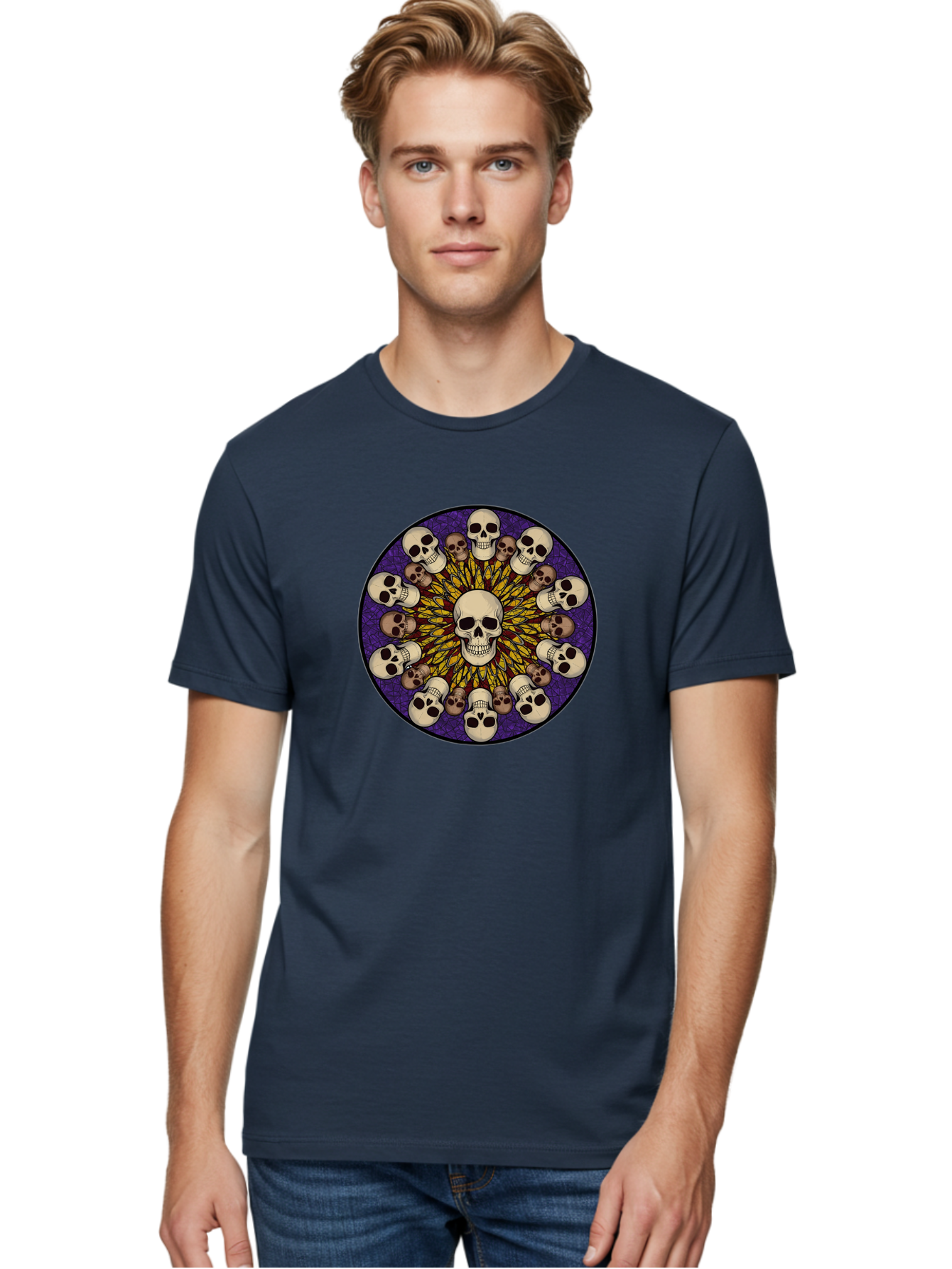 Skull-Explosion Men'S Graphic Tee, 100% Cotton, Comfortable Casual Summer Wear, Machine Washable, Skull Mandala, Human Skulls, Intricate Design, Purple Background, Abstract Art, Alternative Culture, Gothic Art, Yellow Rays, Circle Pattern, Bad584 29