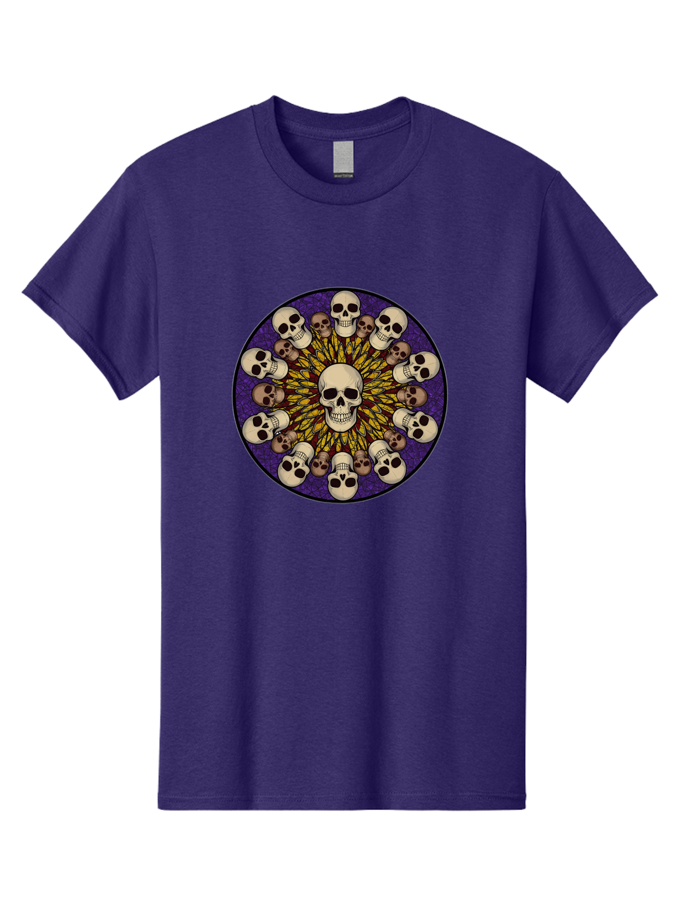 Skull-Explosion Men'S Graphic Tee, 100% Cotton, Comfortable Casual Summer Wear, Machine Washable, Skull Mandala, Human Skulls, Intricate Design, Purple Background, Abstract Art, Alternative Culture, Gothic Art, Yellow Rays, Circle Pattern, Bad584 2