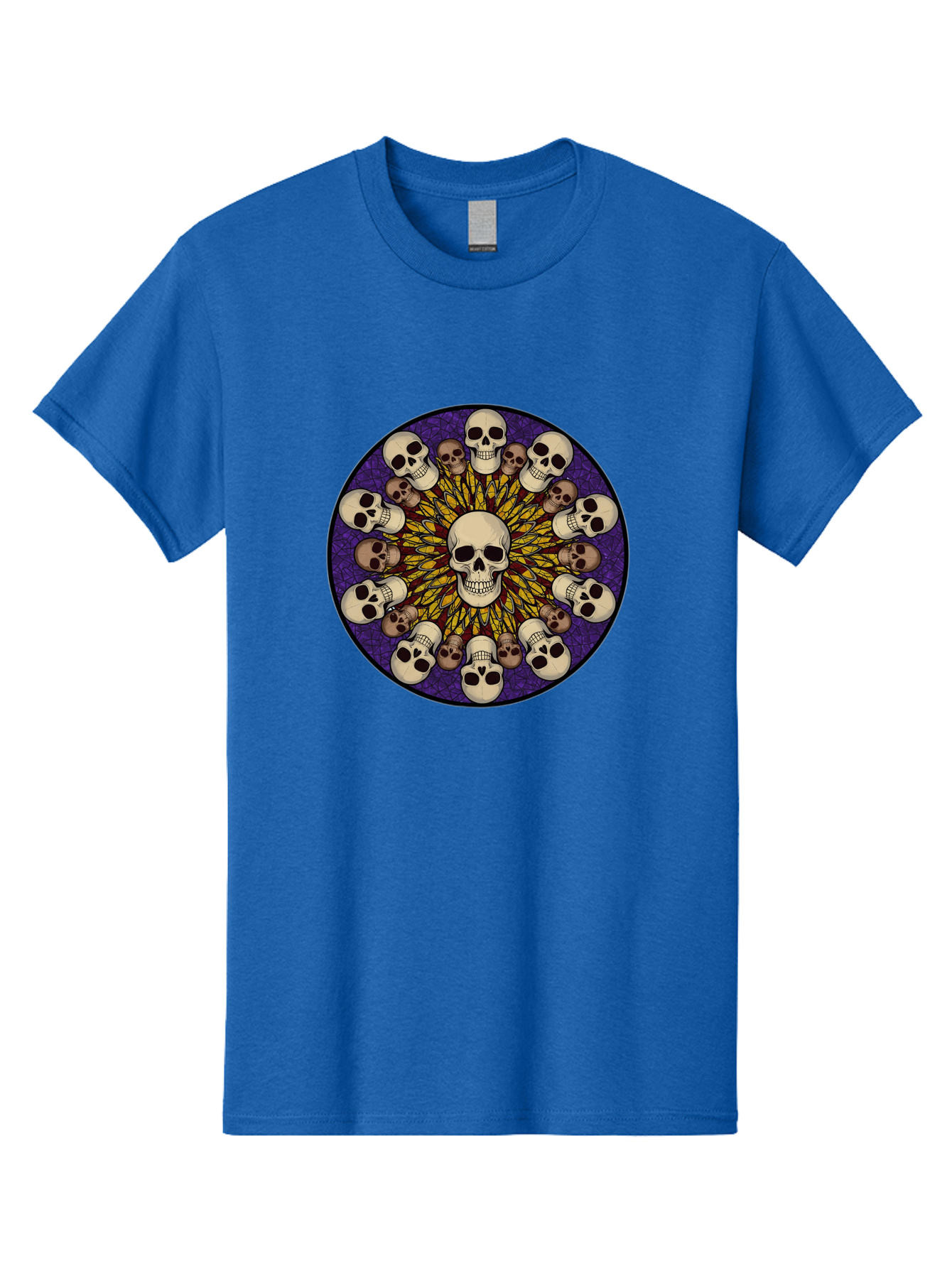 Skull-Explosion Men'S Graphic Tee, 100% Cotton, Comfortable Casual Summer Wear, Machine Washable, Skull Mandala, Human Skulls, Intricate Design, Purple Background, Abstract Art, Alternative Culture, Gothic Art, Yellow Rays, Circle Pattern, Bad584 8