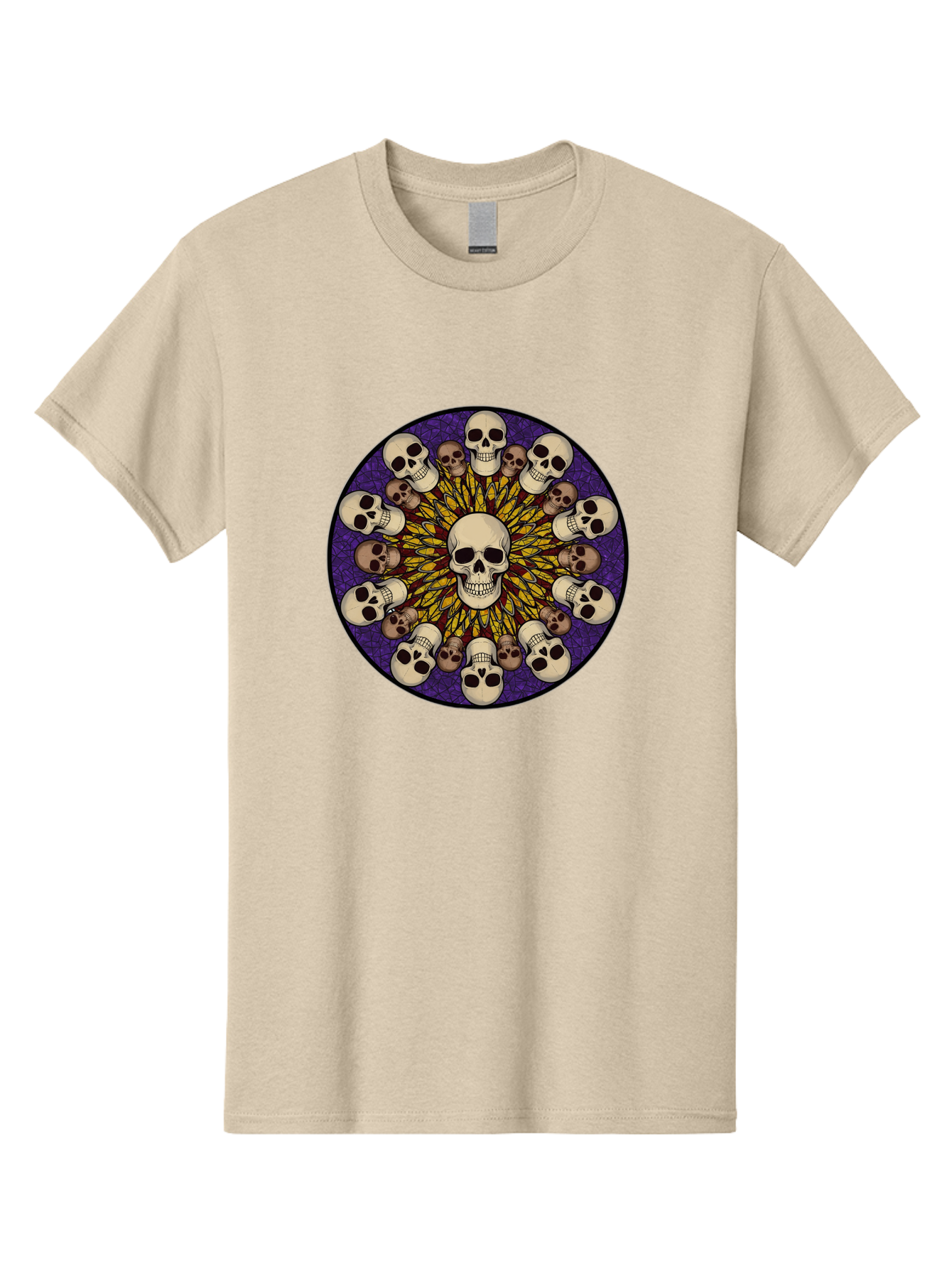 Skull-Explosion Men'S Graphic Tee, 100% Cotton, Comfortable Casual Summer Wear, Machine Washable, Skull Mandala, Human Skulls, Intricate Design, Purple Background, Abstract Art, Alternative Culture, Gothic Art, Yellow Rays, Circle Pattern, Bad584 4