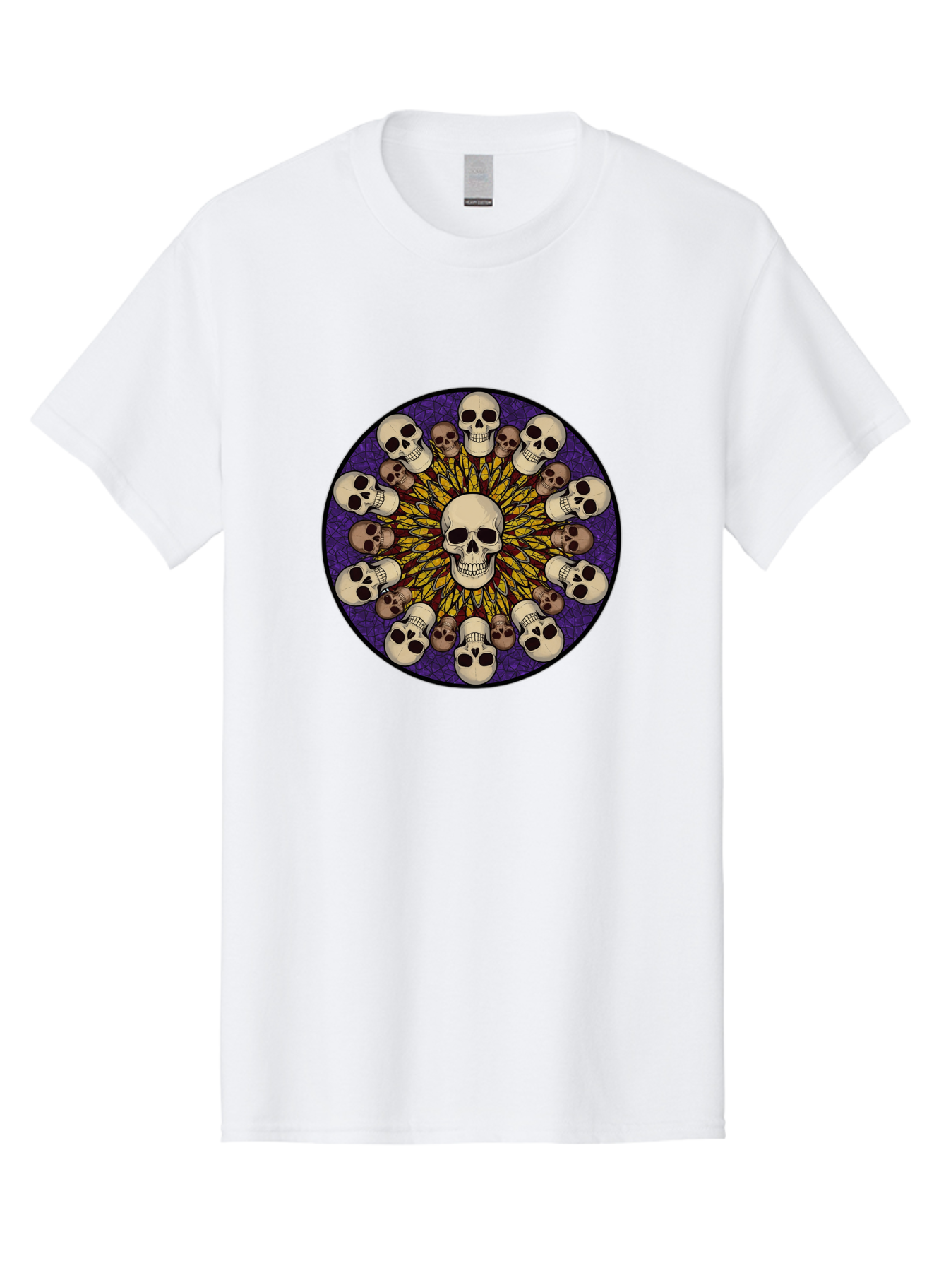 Skull-Explosion Men'S Graphic Tee, 100% Cotton, Comfortable Casual Summer Wear, Machine Washable, Skull Mandala, Human Skulls, Intricate Design, Purple Background, Abstract Art, Alternative Culture, Gothic Art, Yellow Rays, Circle Pattern, Bad584 3