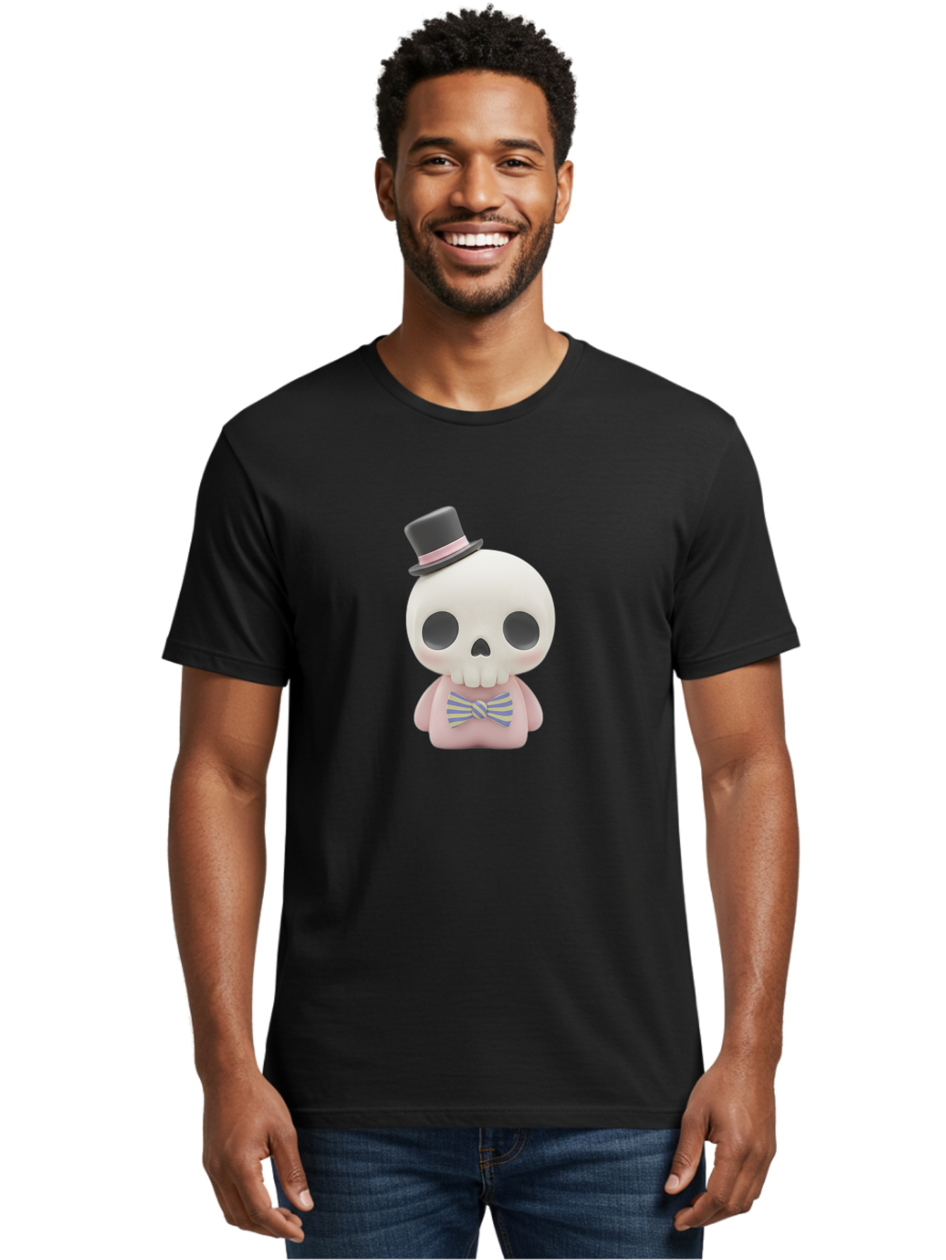 Skull-Figurine Men'S Graphic Tee, 100% Cotton, Comfortable Casual Summer Wear, Machine Washable, Skull Toy, Figurine With Top Hat, Bow Tie, Pink Shirt, Cartoon Character, Novelty Item, Quirky Decor, Funny Gift, Pastel Colors, Humorous Design, Bad585 24
