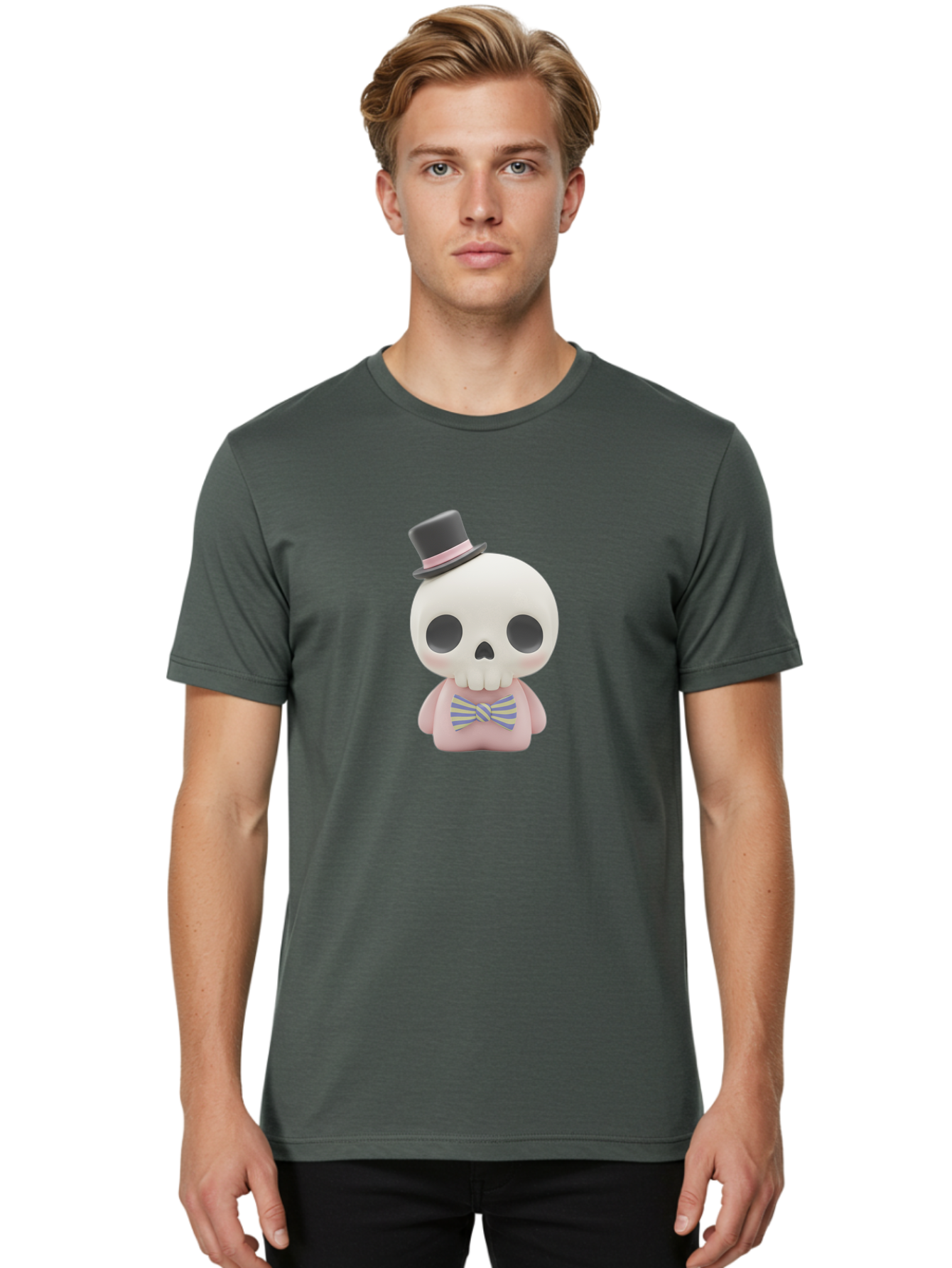 Skull-Figurine Men'S Graphic Tee, 100% Cotton, Comfortable Casual Summer Wear, Machine Washable, Skull Toy, Figurine With Top Hat, Bow Tie, Pink Shirt, Cartoon Character, Novelty Item, Quirky Decor, Funny Gift, Pastel Colors, Humorous Design, Bad585 25
