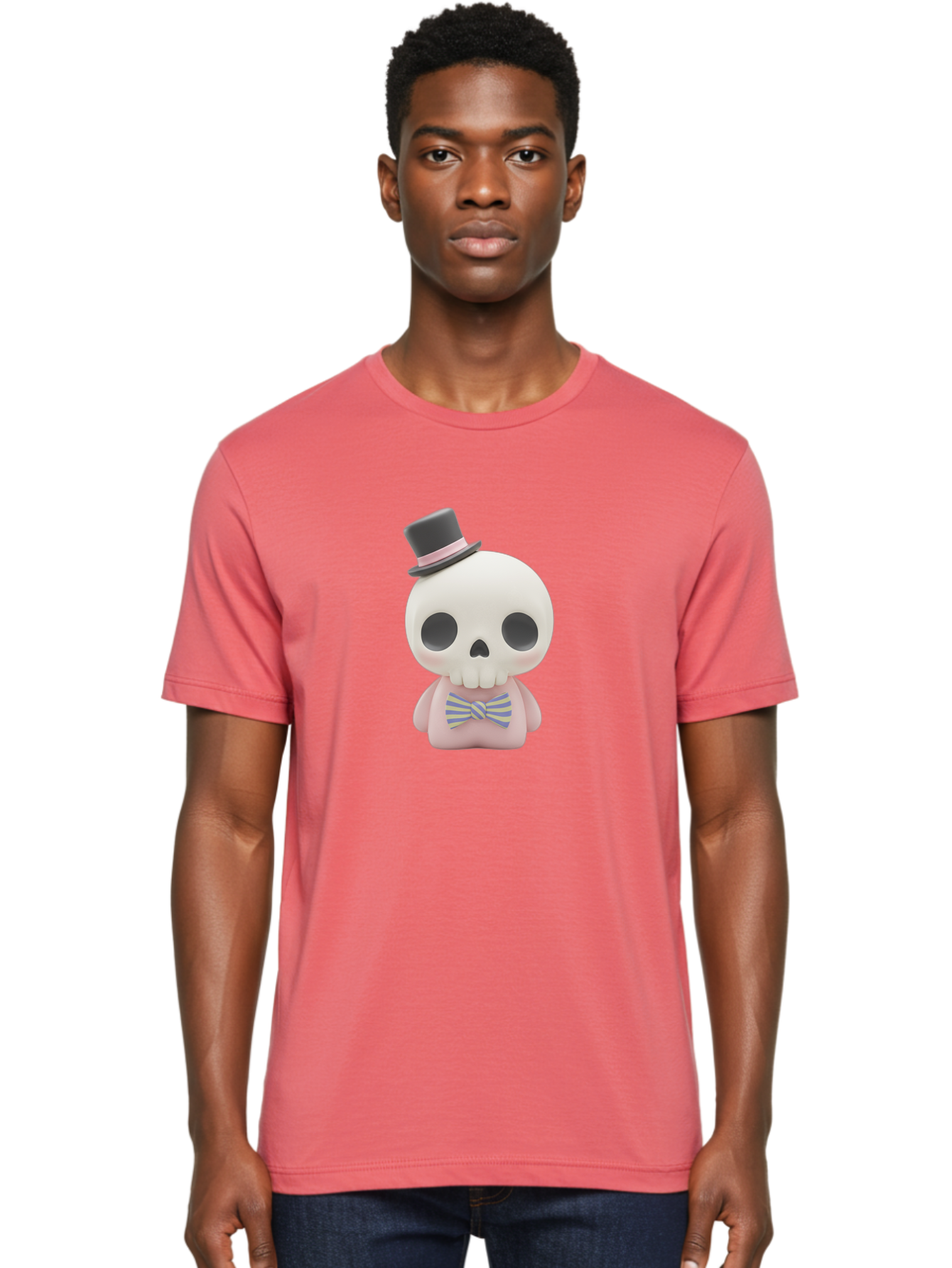 Skull-Figurine Men'S Graphic Tee, 100% Cotton, Comfortable Casual Summer Wear, Machine Washable, Skull Toy, Figurine With Top Hat, Bow Tie, Pink Shirt, Cartoon Character, Novelty Item, Quirky Decor, Funny Gift, Pastel Colors, Humorous Design, Bad585 18