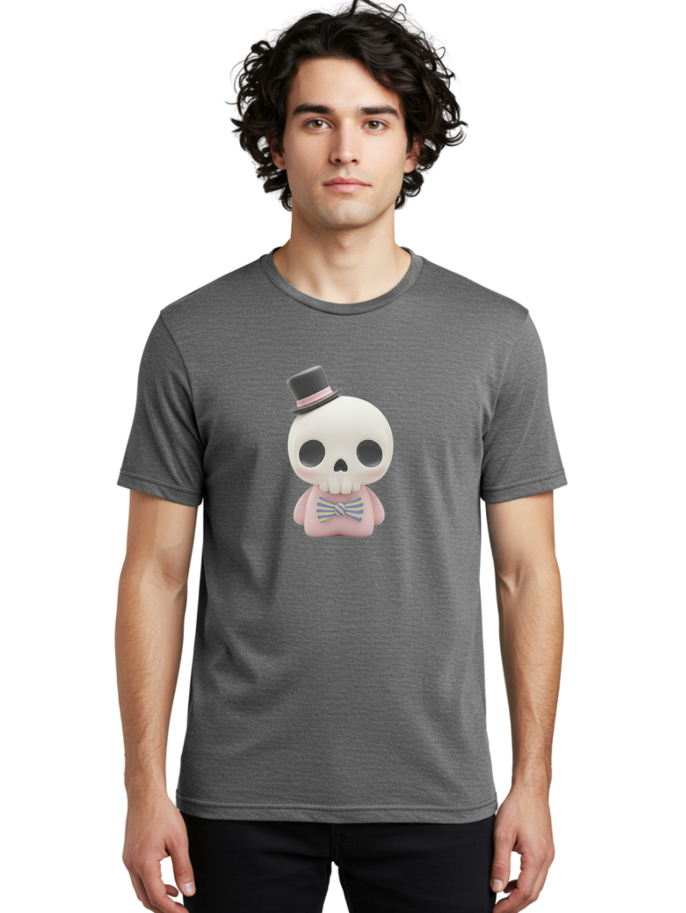 Skull-Figurine Men'S Graphic Tee, 100% Cotton, Comfortable Casual Summer Wear, Machine Washable, Skull Toy, Figurine With Top Hat, Bow Tie, Pink Shirt, Cartoon Character, Novelty Item, Quirky Decor, Funny Gift, Pastel Colors, Humorous Design, Bad585 19