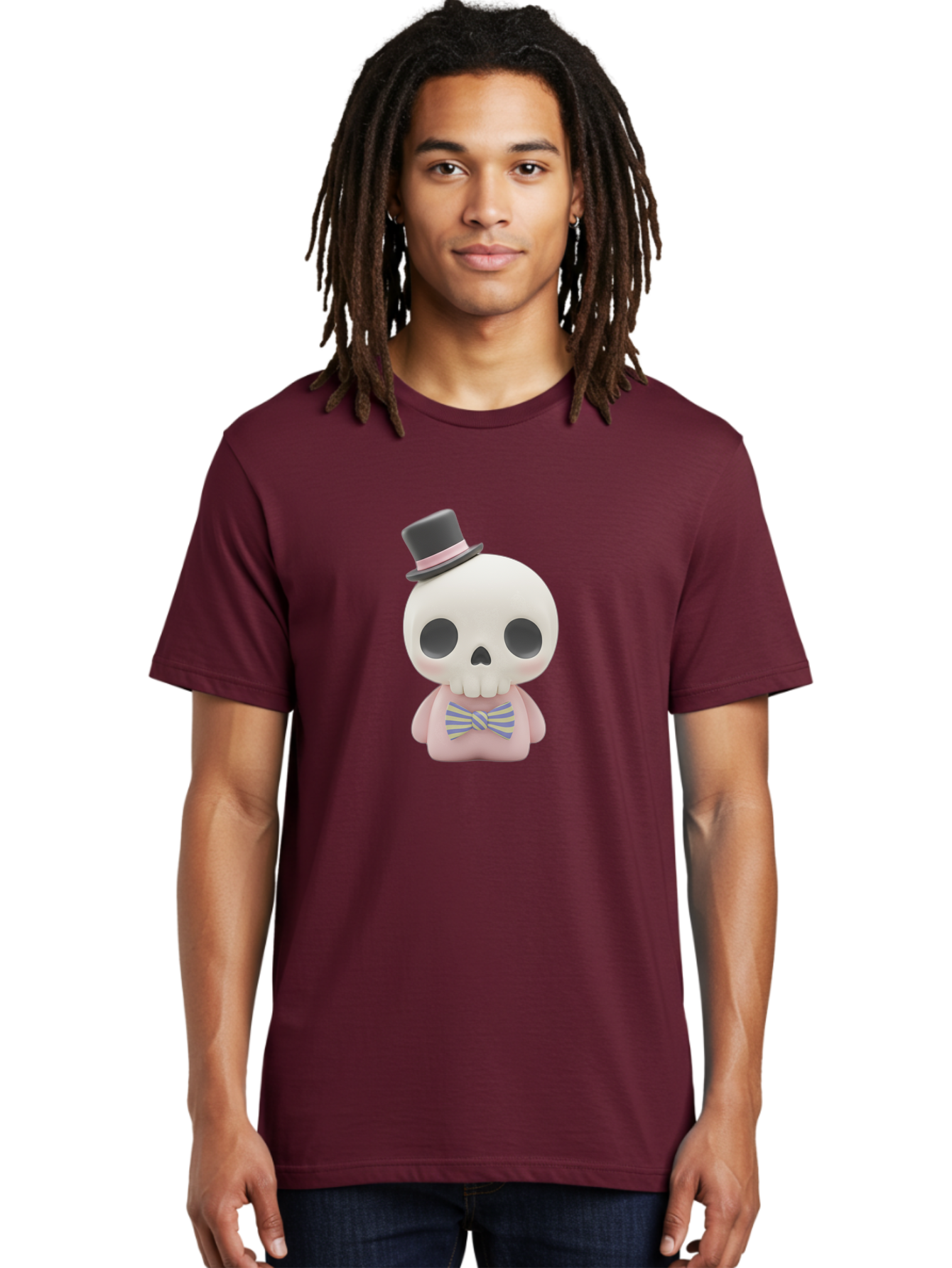 Skull-Figurine Men'S Graphic Tee, 100% Cotton, Comfortable Casual Summer Wear, Machine Washable, Skull Toy, Figurine With Top Hat, Bow Tie, Pink Shirt, Cartoon Character, Novelty Item, Quirky Decor, Funny Gift, Pastel Colors, Humorous Design, Bad585 21