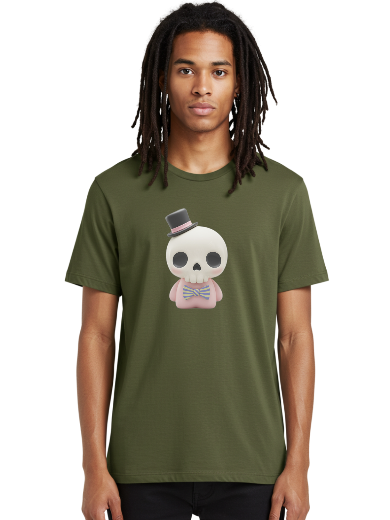 Skull-Figurine Men'S Graphic Tee, 100% Cotton, Comfortable Casual Summer Wear, Machine Washable, Skull Toy, Figurine With Top Hat, Bow Tie, Pink Shirt, Cartoon Character, Novelty Item, Quirky Decor, Funny Gift, Pastel Colors, Humorous Design, Bad585 20