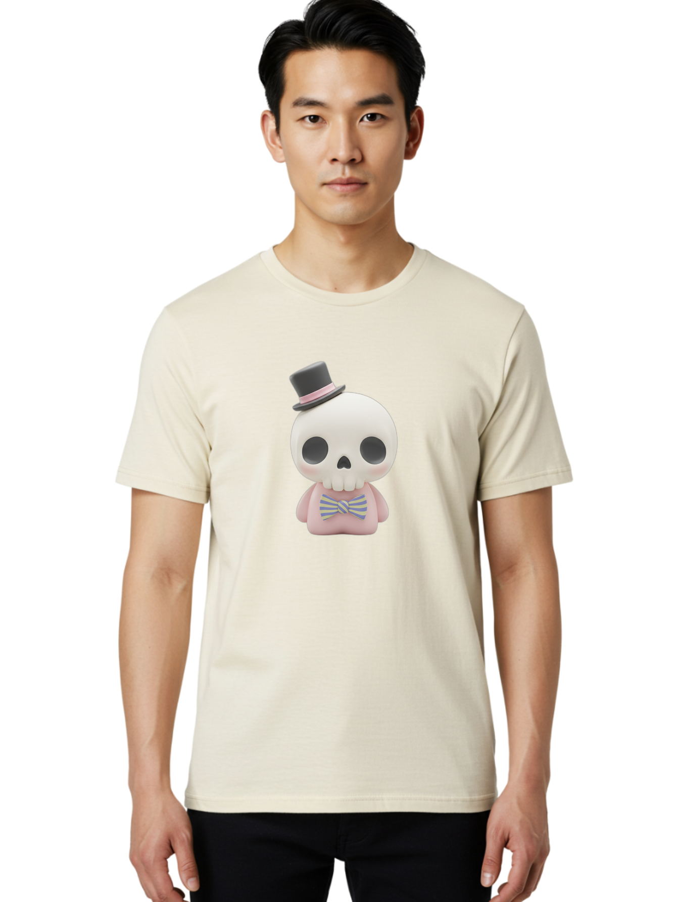 Skull-Figurine Men'S Graphic Tee, 100% Cotton, Comfortable Casual Summer Wear, Machine Washable, Skull Toy, Figurine With Top Hat, Bow Tie, Pink Shirt, Cartoon Character, Novelty Item, Quirky Decor, Funny Gift, Pastel Colors, Humorous Design, Bad585 27