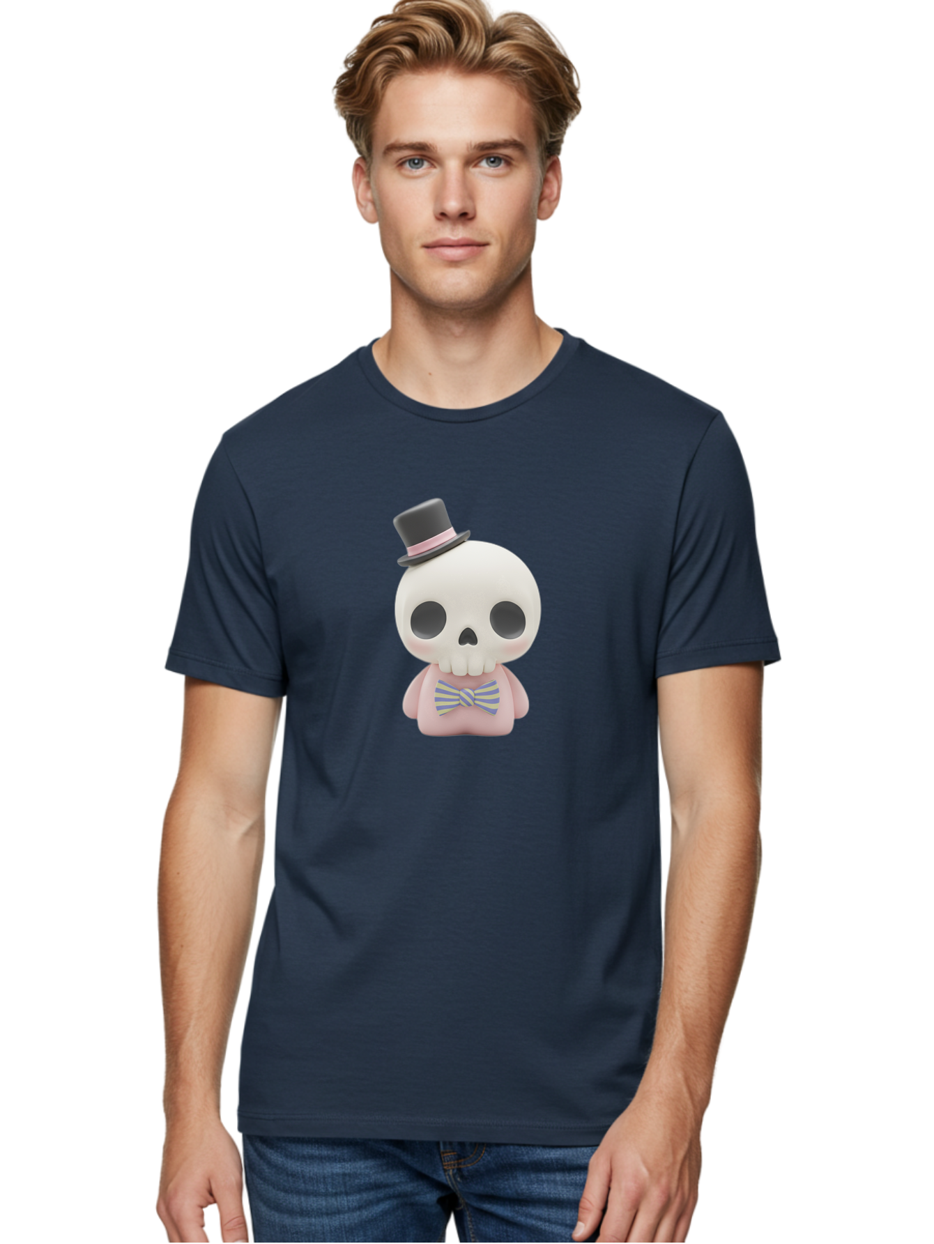 Skull-Figurine Men'S Graphic Tee, 100% Cotton, Comfortable Casual Summer Wear, Machine Washable, Skull Toy, Figurine With Top Hat, Bow Tie, Pink Shirt, Cartoon Character, Novelty Item, Quirky Decor, Funny Gift, Pastel Colors, Humorous Design, Bad585 23