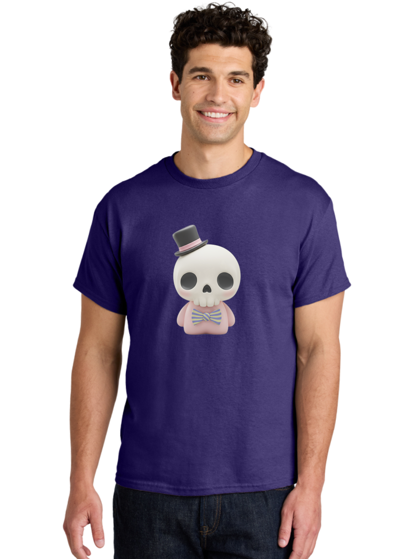 Skull-Figurine Men'S Graphic Tee, 100% Cotton, Comfortable Casual Summer Wear, Machine Washable, Skull Toy, Figurine With Top Hat, Bow Tie, Pink Shirt, Cartoon Character, Novelty Item, Quirky Decor, Funny Gift, Pastel Colors, Humorous Design, Bad585 22
