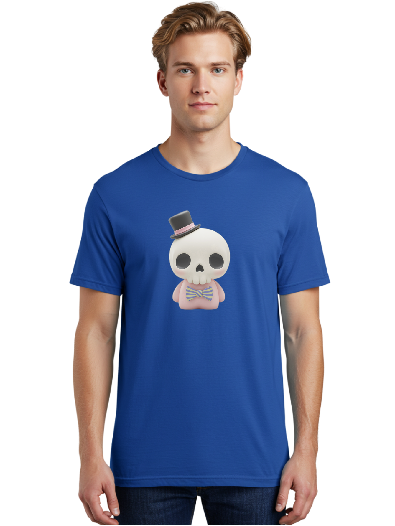 Skull-Figurine Men'S Graphic Tee, 100% Cotton, Comfortable Casual Summer Wear, Machine Washable, Skull Toy, Figurine With Top Hat, Bow Tie, Pink Shirt, Cartoon Character, Novelty Item, Quirky Decor, Funny Gift, Pastel Colors, Humorous Design, Bad585 17