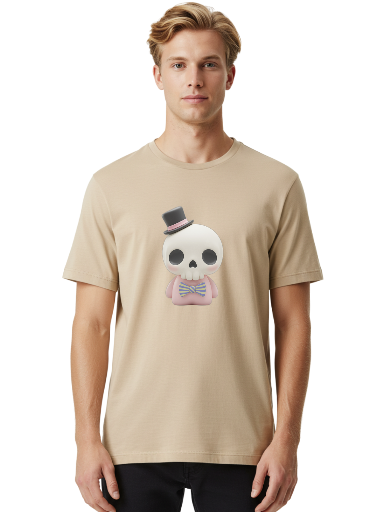 Skull-Figurine Men'S Graphic Tee, 100% Cotton, Comfortable Casual Summer Wear, Machine Washable, Skull Toy, Figurine With Top Hat, Bow Tie, Pink Shirt, Cartoon Character, Novelty Item, Quirky Decor, Funny Gift, Pastel Colors, Humorous Design, Bad585 28