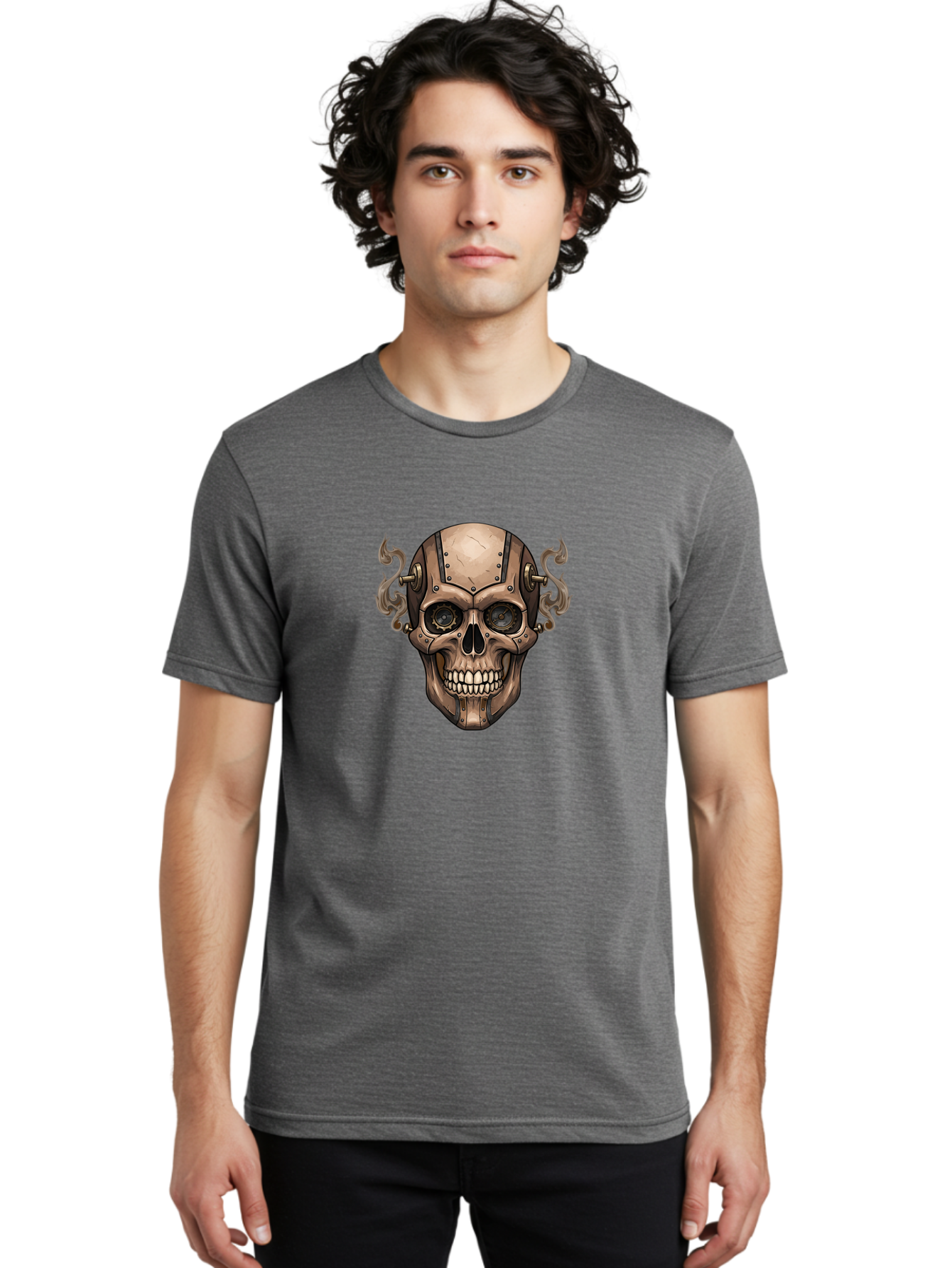 Skull-Head Men'S Graphic Tee, 100% Cotton, Comfortable Casual Summer Wear, Machine Washable, Cyberpunk Skull, Steampunk Art, Mechanical Skull, Robotic Skull, Metallic Skeleton, Futuristic Design, Industrial Tech, Sci-Fi, Bad586 23