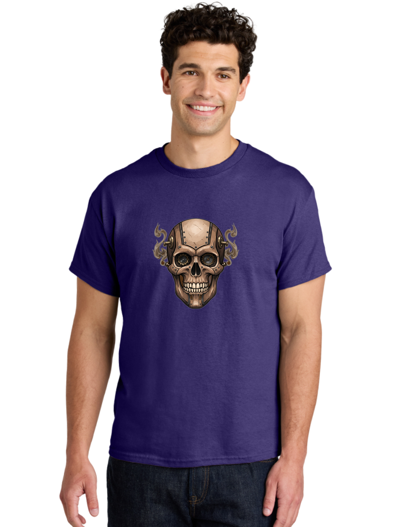 Skull-Head Men'S Graphic Tee, 100% Cotton, Comfortable Casual Summer Wear, Machine Washable, Cyberpunk Skull, Steampunk Art, Mechanical Skull, Robotic Skull, Metallic Skeleton, Futuristic Design, Industrial Tech, Sci-Fi, Bad586 22
