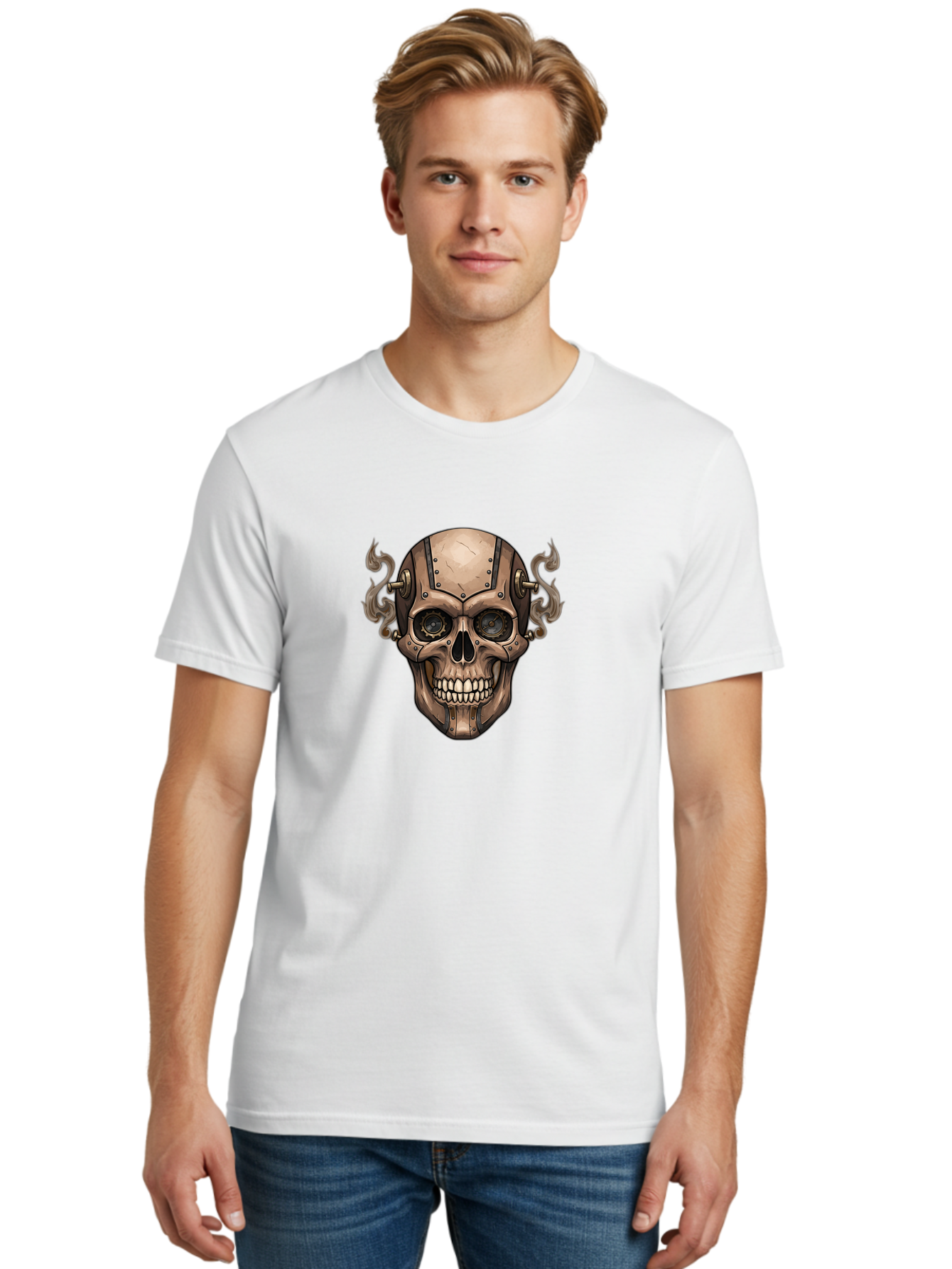 Skull-Head Men'S Graphic Tee, 100% Cotton, Comfortable Casual Summer Wear, Machine Washable, Cyberpunk Skull, Steampunk Art, Mechanical Skull, Robotic Skull, Metallic Skeleton, Futuristic Design, Industrial Tech, Sci-Fi, Bad586 26