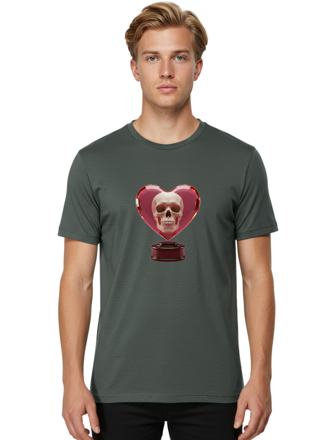 Skull-Heart-Trophy Men'S Graphic Tee, 100% Cotton, Comfortable Casual Summer Wear, Machine Washable, Human Skull, Heart-Shaped Frame, Gothic Decor, Dark Art, Strange Art, Unique Collectible, Dark Romance, Gothic Aesthetic, Unusual Trophy Bad587 21