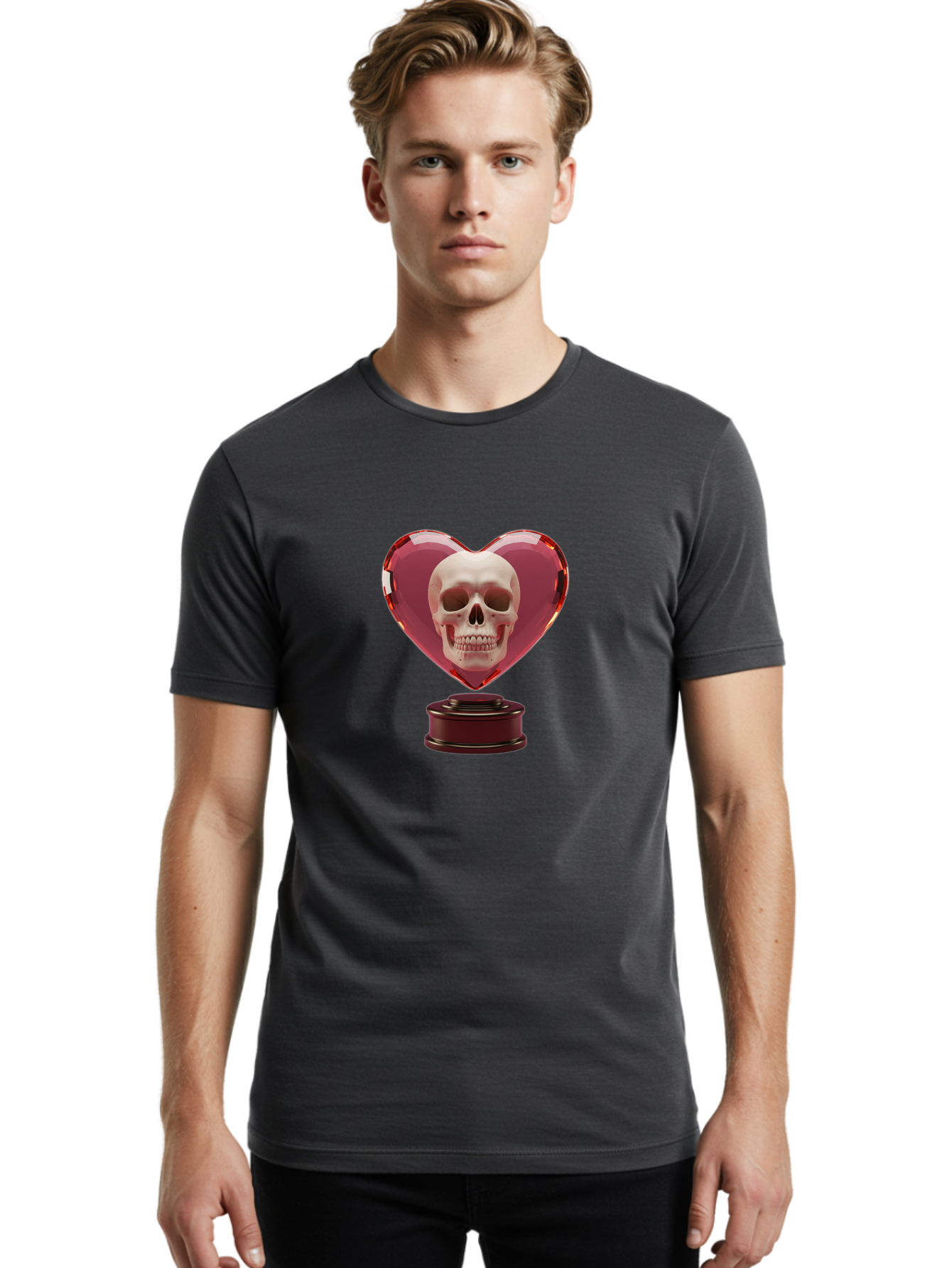 Skull-Heart-Trophy Men'S Graphic Tee, 100% Cotton, Comfortable Casual Summer Wear, Machine Washable, Human Skull, Heart-Shaped Frame, Gothic Decor, Dark Art, Strange Art, Unique Collectible, Dark Romance, Gothic Aesthetic, Unusual Trophy Bad587 20