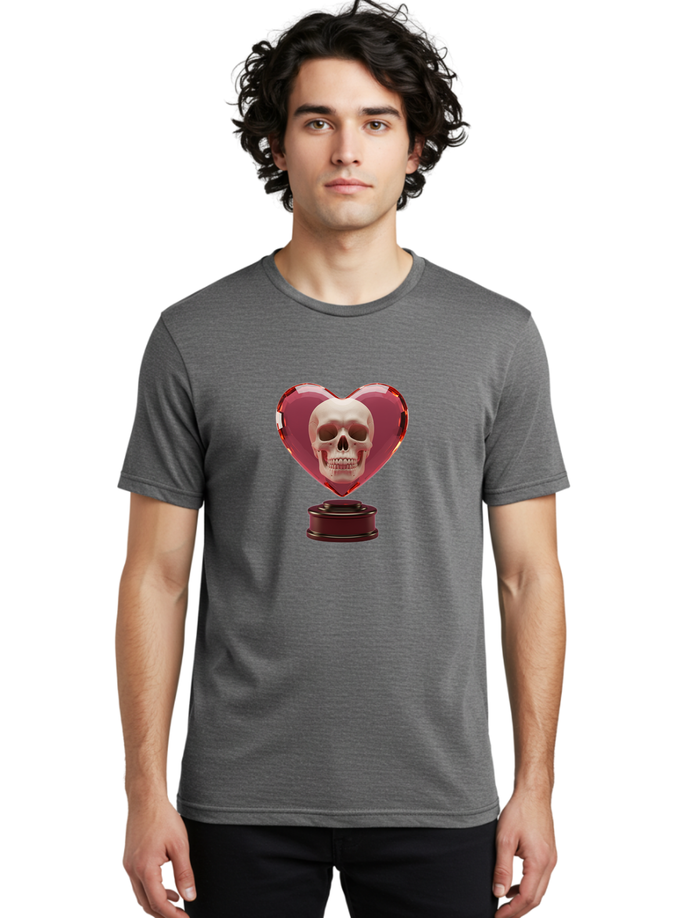 Skull-Heart-Trophy Men'S Graphic Tee, 100% Cotton, Comfortable Casual Summer Wear, Machine Washable, Human Skull, Heart-Shaped Frame, Gothic Decor, Dark Art, Strange Art, Unique Collectible, Dark Romance, Gothic Aesthetic, Unusual Trophy Bad587 17
