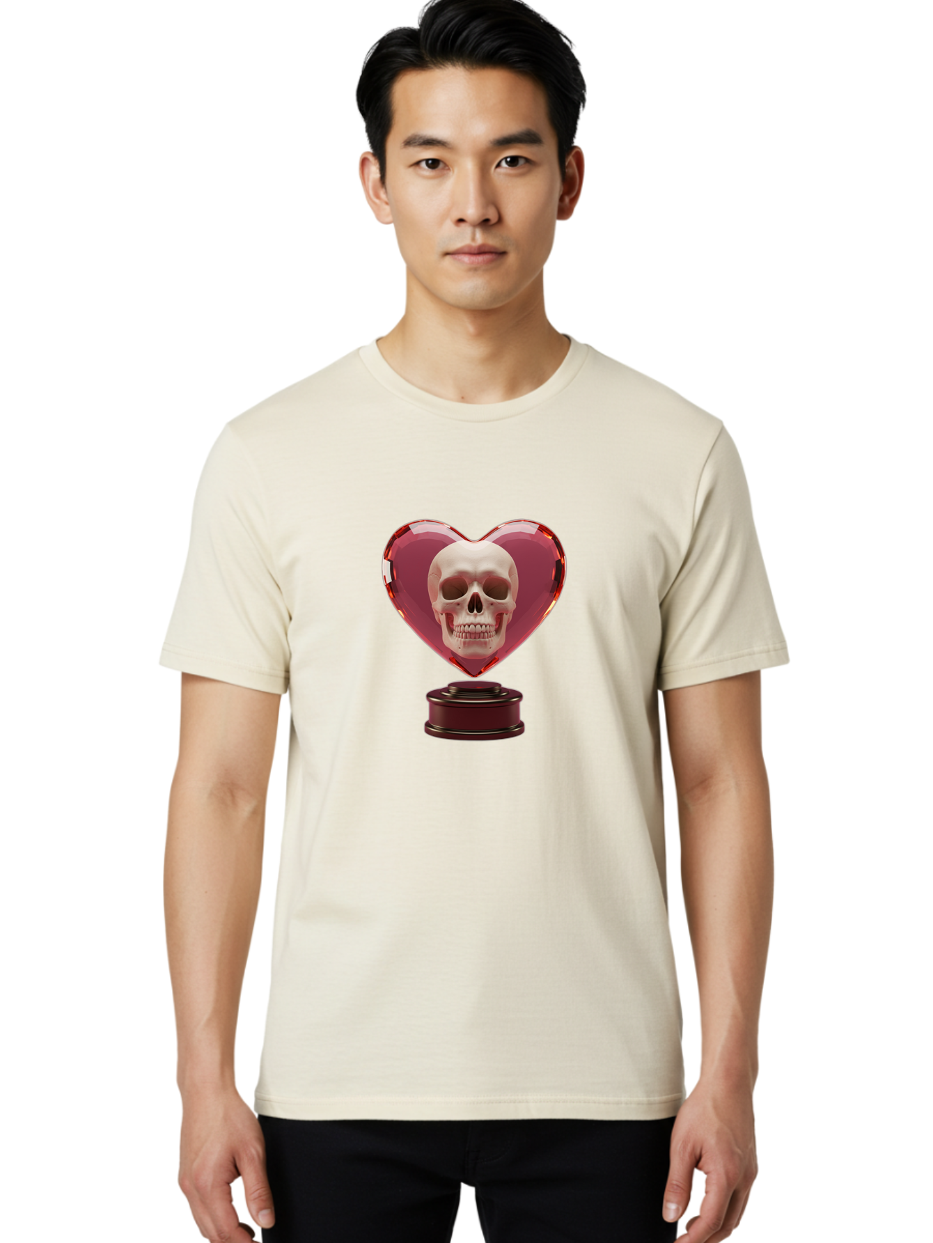 Skull-Heart-Trophy Men'S Graphic Tee, 100% Cotton, Comfortable Casual Summer Wear, Machine Washable, Human Skull, Heart-Shaped Frame, Gothic Decor, Dark Art, Strange Art, Unique Collectible, Dark Romance, Gothic Aesthetic, Unusual Trophy Bad587 26
