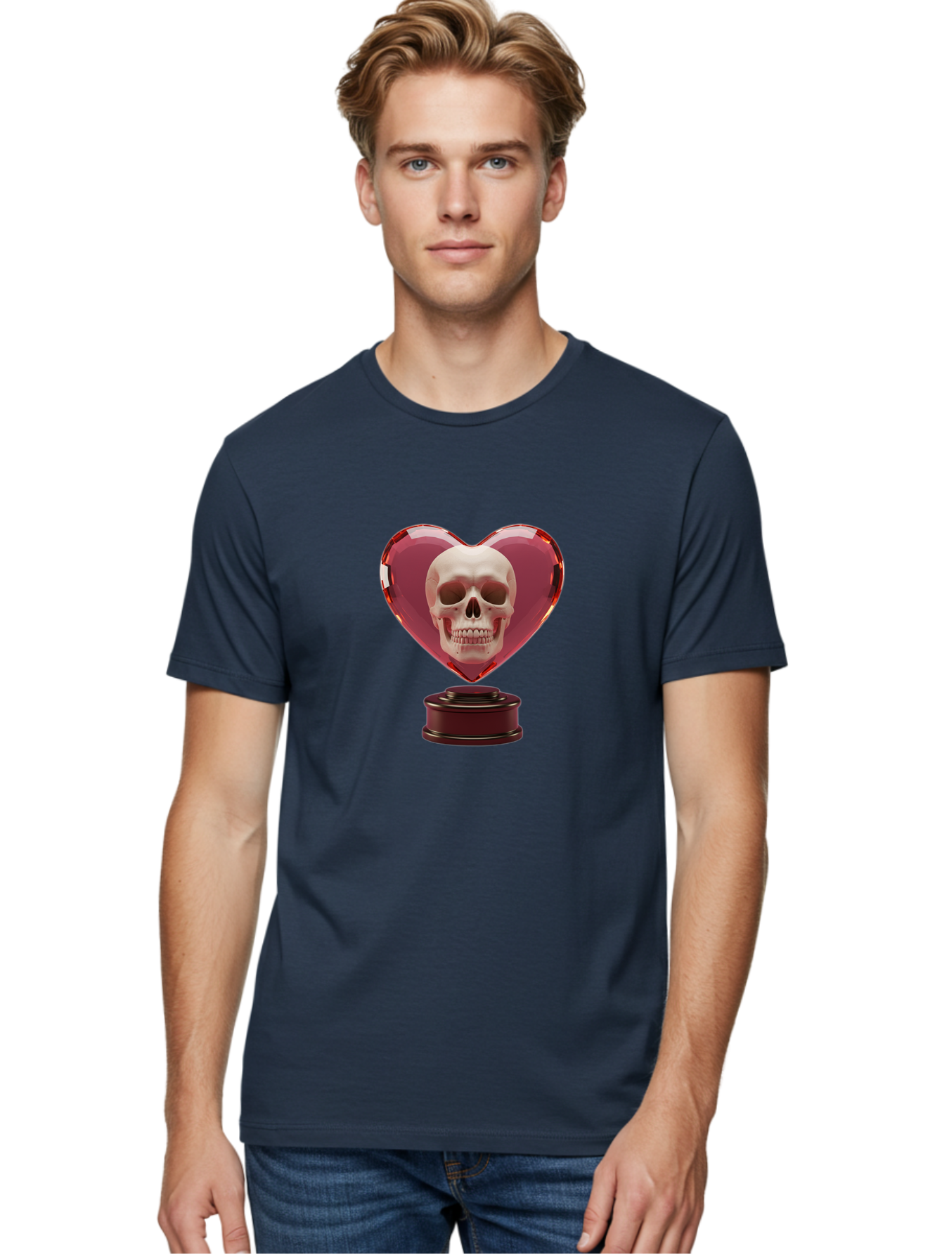 Skull-Heart-Trophy Men'S Graphic Tee, 100% Cotton, Comfortable Casual Summer Wear, Machine Washable, Human Skull, Heart-Shaped Frame, Gothic Decor, Dark Art, Strange Art, Unique Collectible, Dark Romance, Gothic Aesthetic, Unusual Trophy Bad587 30