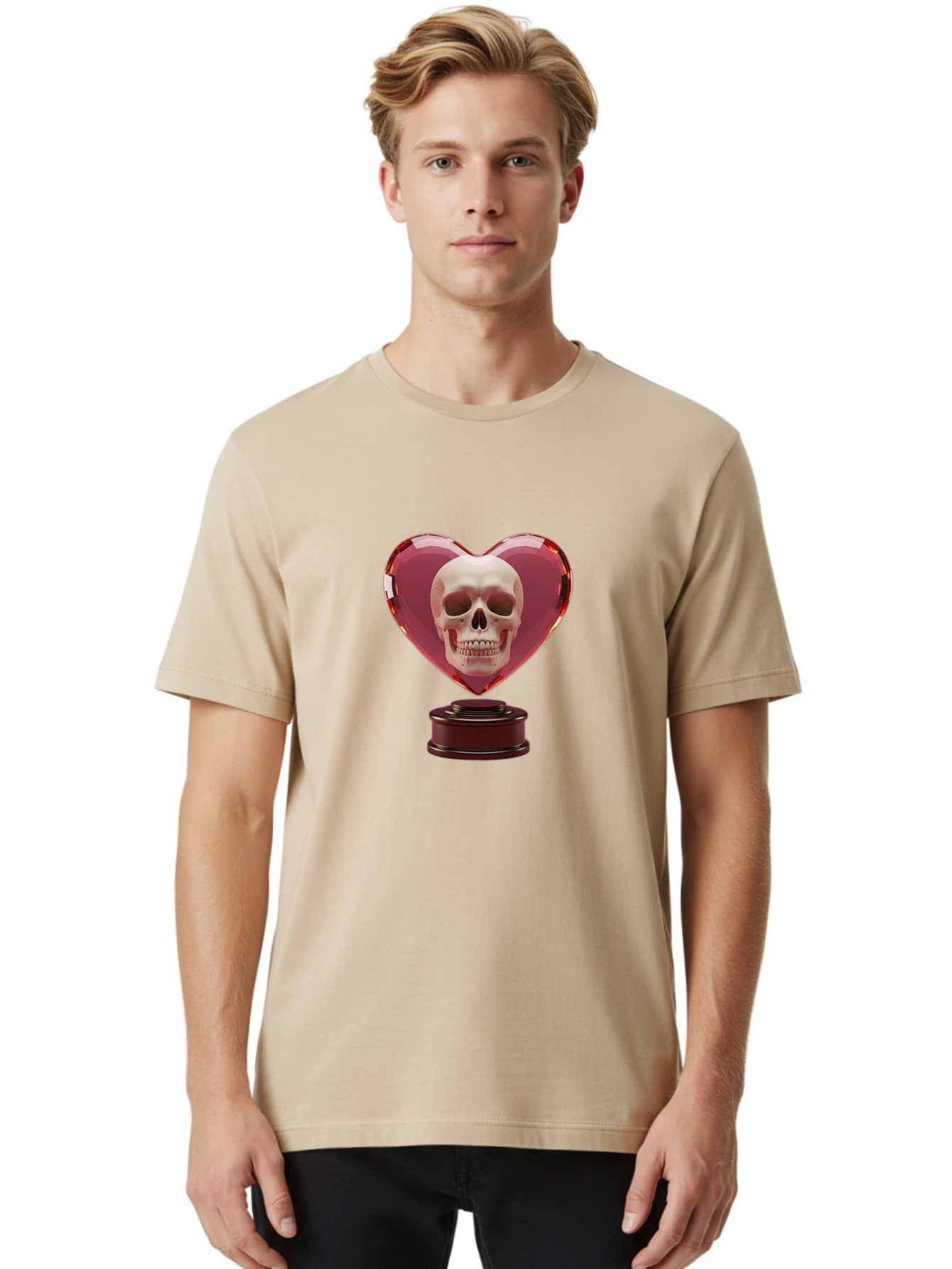 Skull-Heart-Trophy Men'S Graphic Tee, 100% Cotton, Comfortable Casual Summer Wear, Machine Washable, Human Skull, Heart-Shaped Frame, Gothic Decor, Dark Art, Strange Art, Unique Collectible, Dark Romance, Gothic Aesthetic, Unusual Trophy Bad587 18