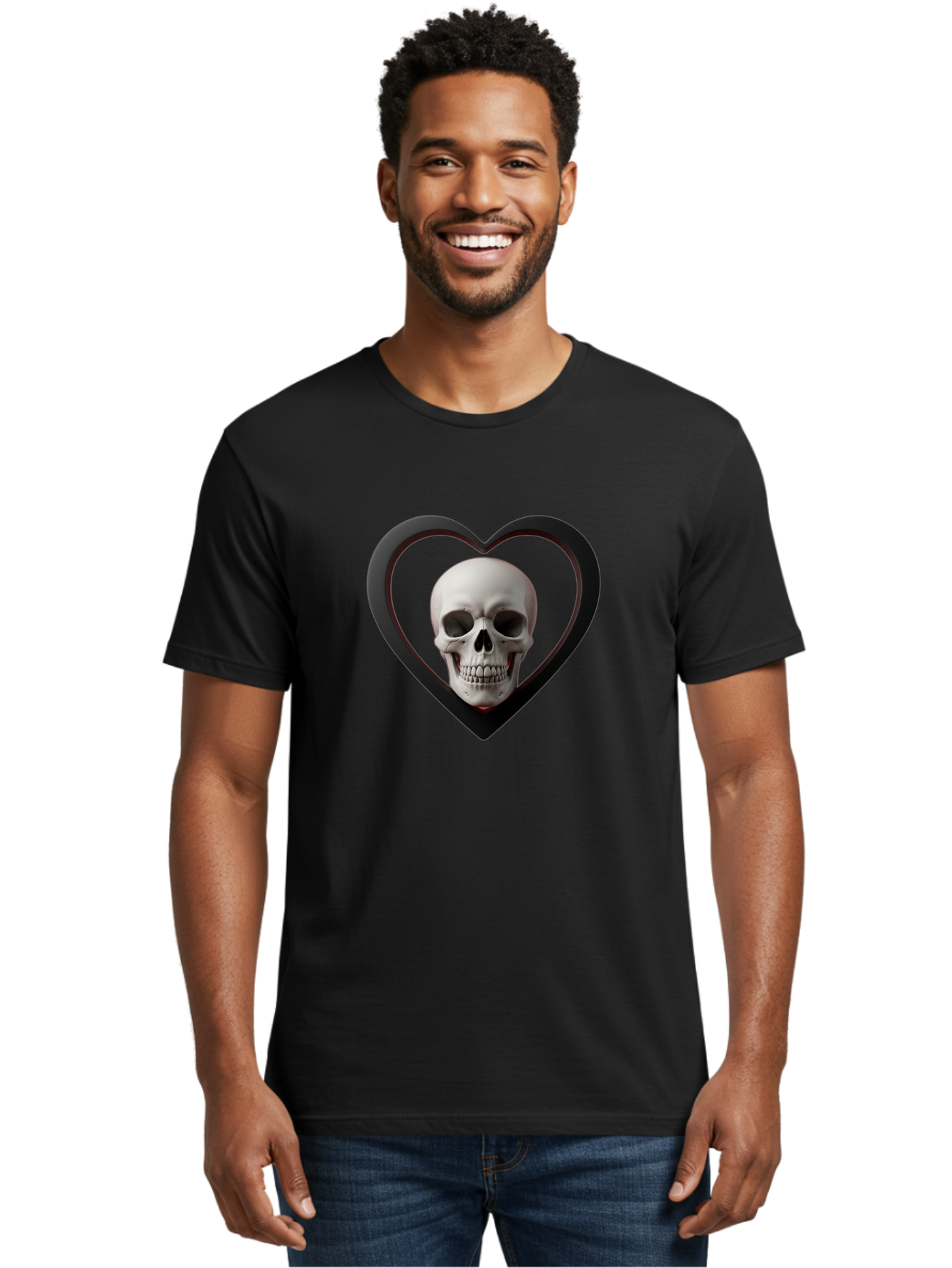 Skull-In-Heart Men'S Graphic Tee, 100% Cotton, Comfortable Casual Summer Wear, Machine Washable, Human Skull, Heart Shape, Black Outline, Gothic Symbolism, Edgy Aesthetic, Dark Art, Skull Art, Heart Frame Bad588 23