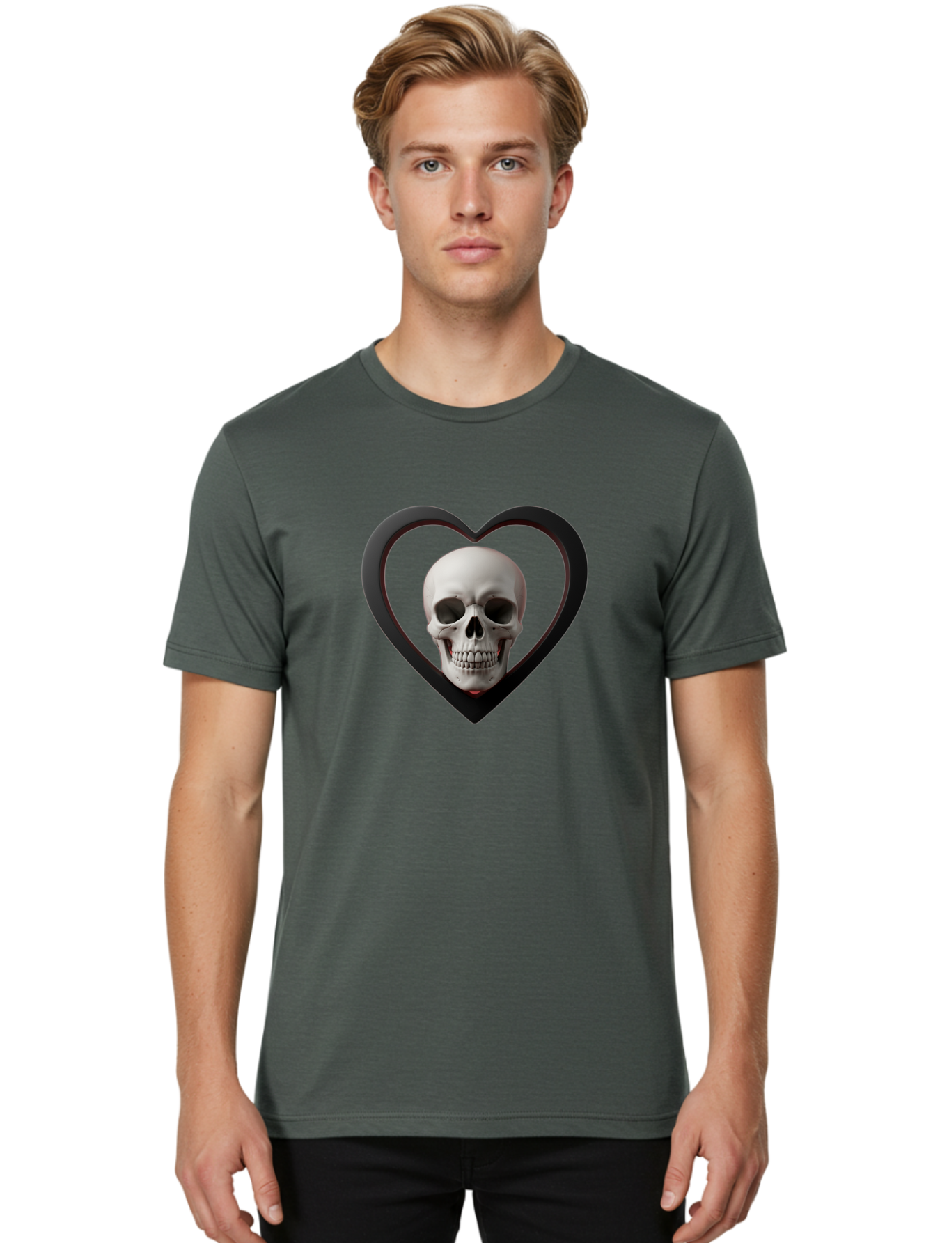 Skull-In-Heart Men'S Graphic Tee, 100% Cotton, Comfortable Casual Summer Wear, Machine Washable, Human Skull, Heart Shape, Black Outline, Gothic Symbolism, Edgy Aesthetic, Dark Art, Skull Art, Heart Frame Bad588 27