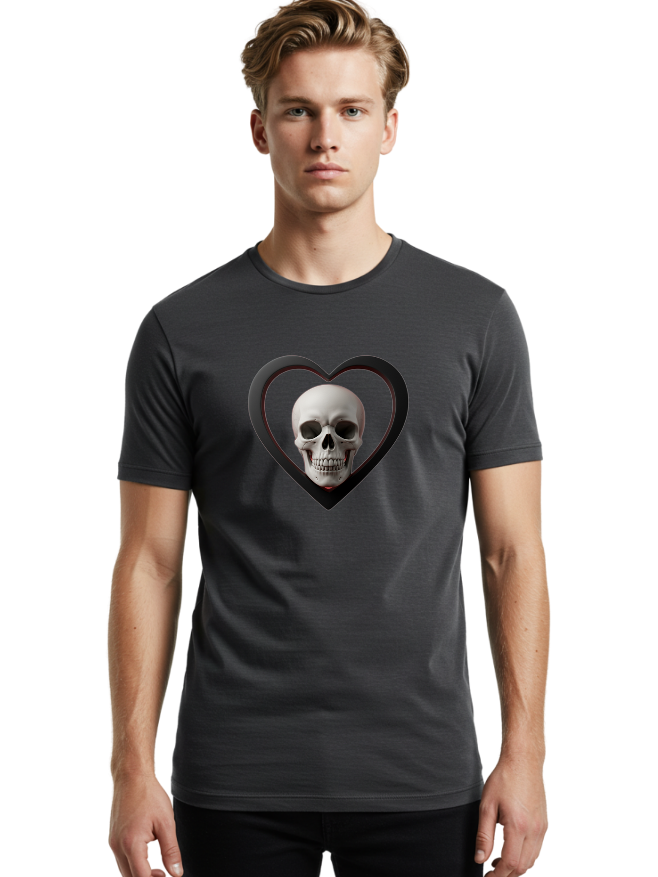 Skull-In-Heart Men'S Graphic Tee, 100% Cotton, Comfortable Casual Summer Wear, Machine Washable, Human Skull, Heart Shape, Black Outline, Gothic Symbolism, Edgy Aesthetic, Dark Art, Skull Art, Heart Frame Bad588 18
