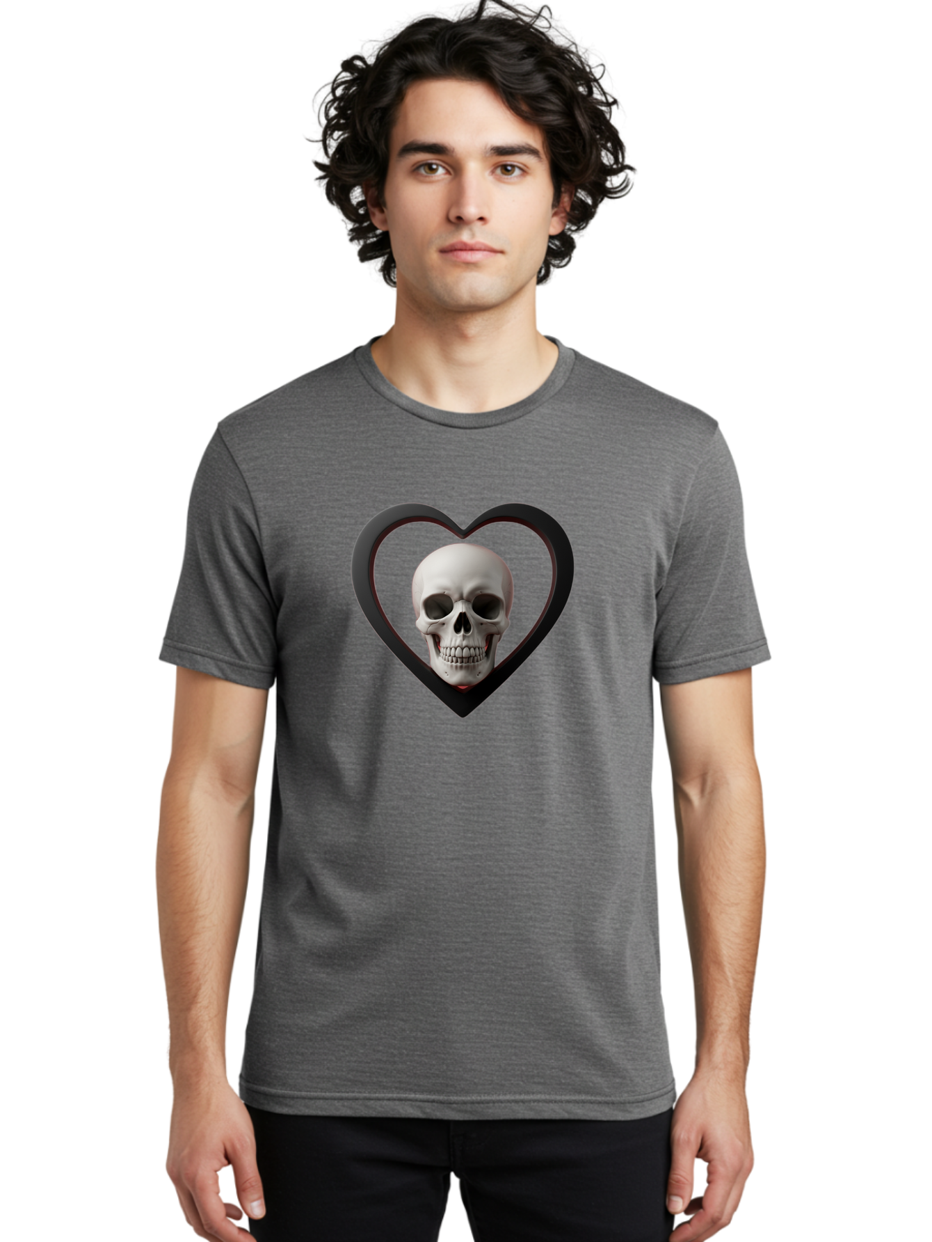 Skull-In-Heart Men'S Graphic Tee, 100% Cotton, Comfortable Casual Summer Wear, Machine Washable, Human Skull, Heart Shape, Black Outline, Gothic Symbolism, Edgy Aesthetic, Dark Art, Skull Art, Heart Frame Bad588 24