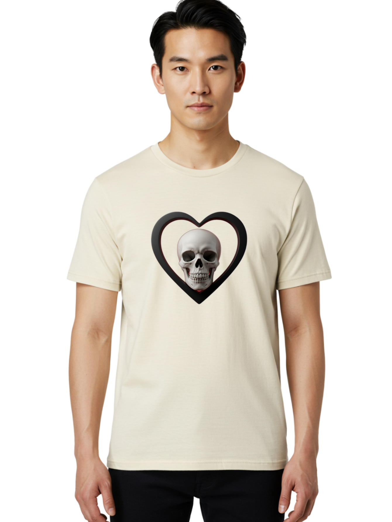 Skull-In-Heart Men'S Graphic Tee, 100% Cotton, Comfortable Casual Summer Wear, Machine Washable, Human Skull, Heart Shape, Black Outline, Gothic Symbolism, Edgy Aesthetic, Dark Art, Skull Art, Heart Frame Bad588 30