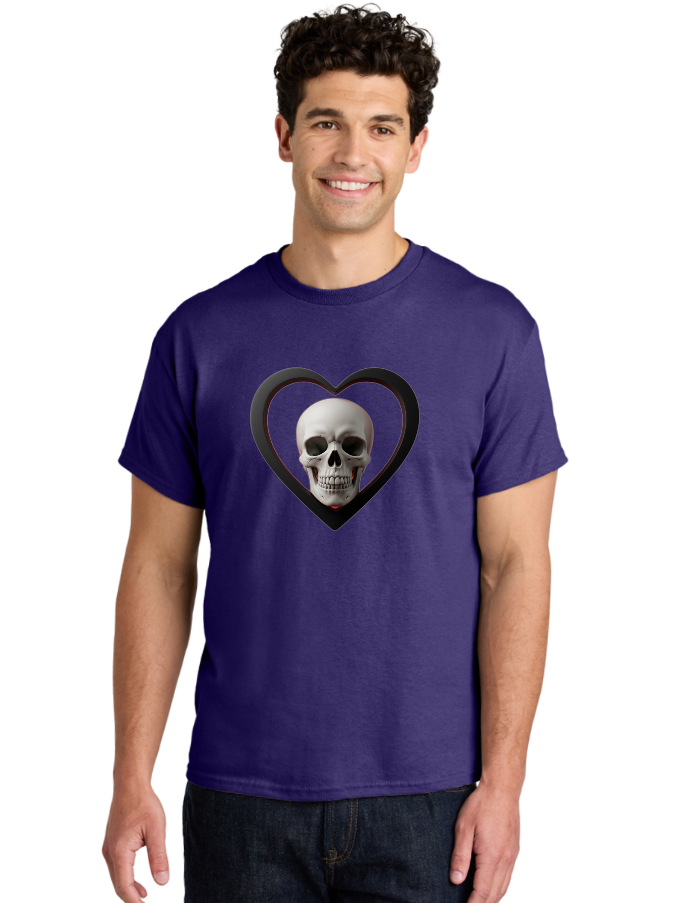 Skull-In-Heart Men'S Graphic Tee, 100% Cotton, Comfortable Casual Summer Wear, Machine Washable, Human Skull, Heart Shape, Black Outline, Gothic Symbolism, Edgy Aesthetic, Dark Art, Skull Art, Heart Frame Bad588 29