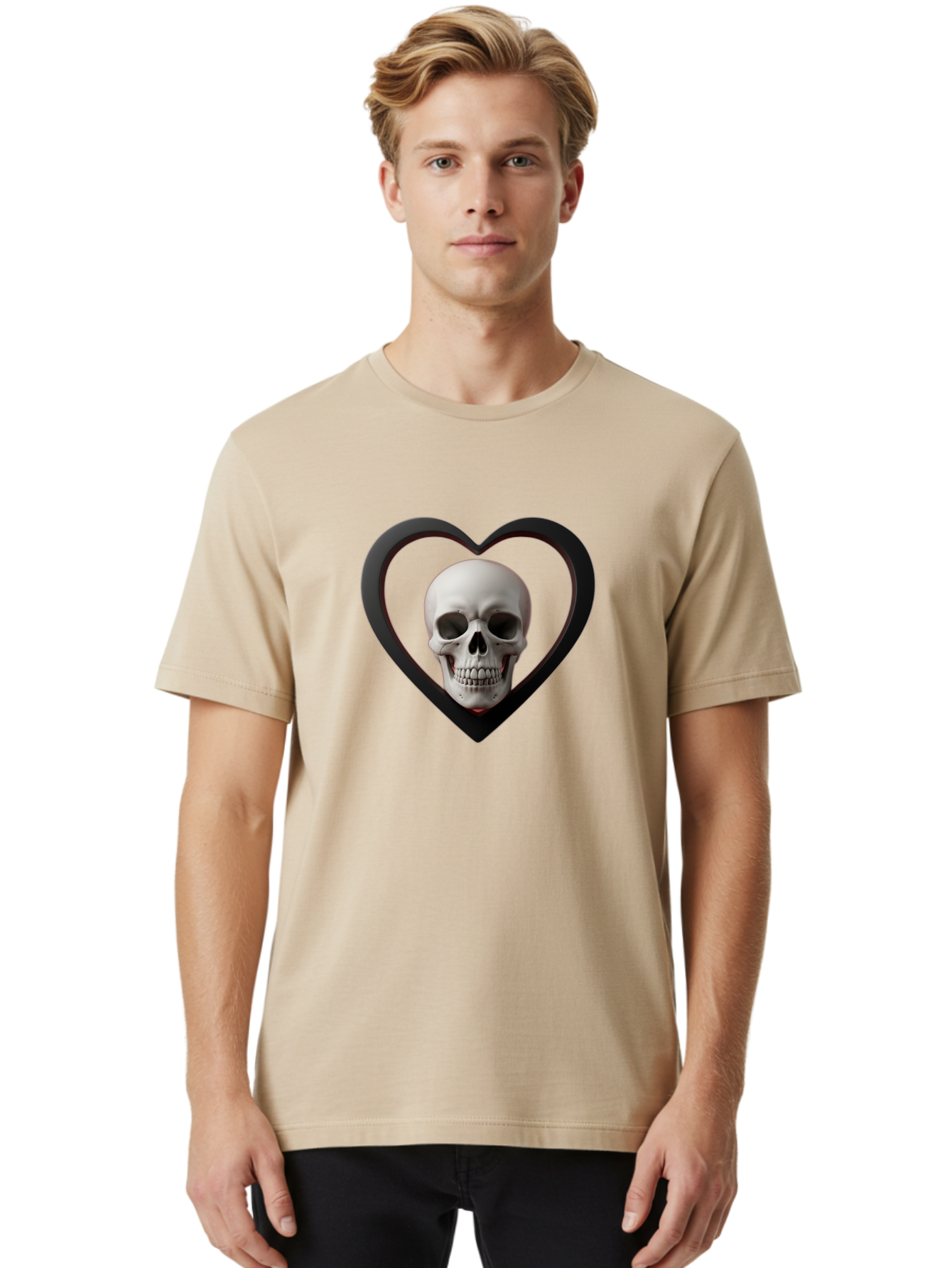 Skull-In-Heart Men'S Graphic Tee, 100% Cotton, Comfortable Casual Summer Wear, Machine Washable, Human Skull, Heart Shape, Black Outline, Gothic Symbolism, Edgy Aesthetic, Dark Art, Skull Art, Heart Frame Bad588 16