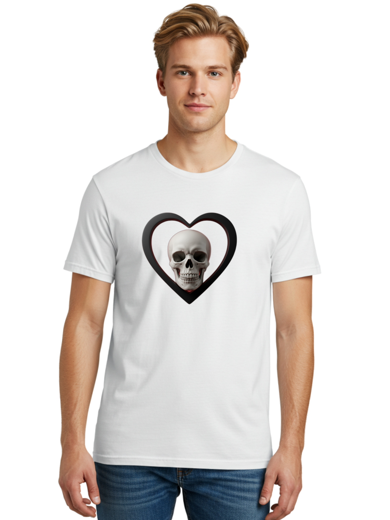 Skull-In-Heart Men'S Graphic Tee, 100% Cotton, Comfortable Casual Summer Wear, Machine Washable, Human Skull, Heart Shape, Black Outline, Gothic Symbolism, Edgy Aesthetic, Dark Art, Skull Art, Heart Frame Bad588 20
