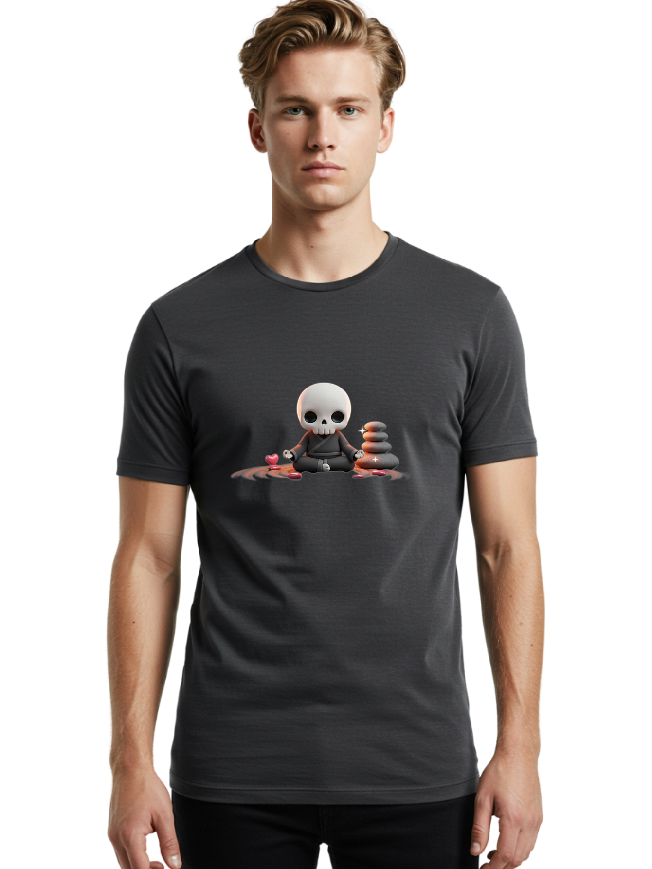 Skull-In-Meditation Men'S Graphic Tee, 100% Cotton, Comfortable Casual Summer Wear, Machine Washable, Meditating Skull, Zen Rocks, Balance And Harmony, Peaceful Atmosphere, Lotus Position, Mindfulness, Meditation, Zen Stones, Calmness, Bad589 24