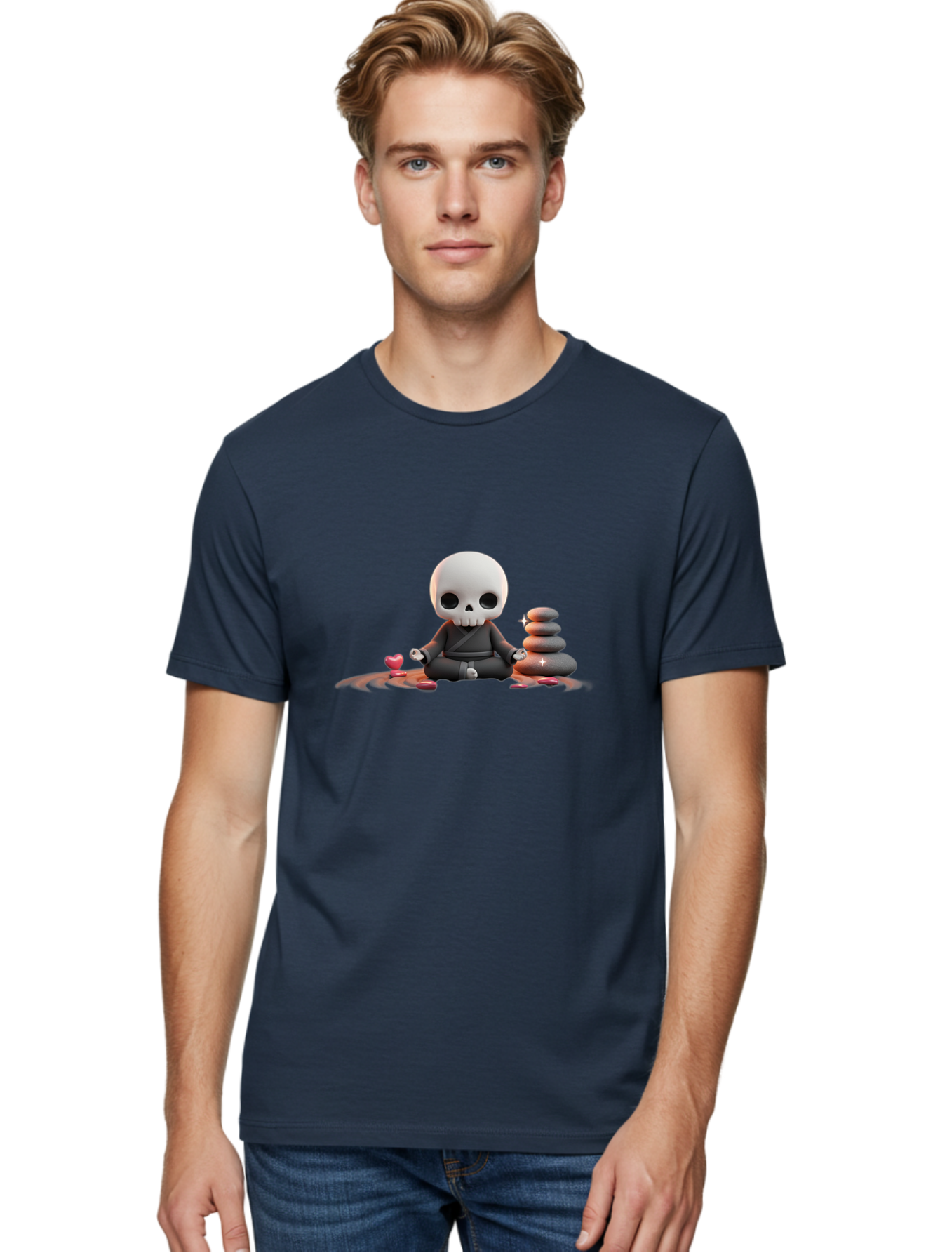 Skull-In-Meditation Men'S Graphic Tee, 100% Cotton, Comfortable Casual Summer Wear, Machine Washable, Meditating Skull, Zen Rocks, Balance And Harmony, Peaceful Atmosphere, Lotus Position, Mindfulness, Meditation, Zen Stones, Calmness, Bad589 28