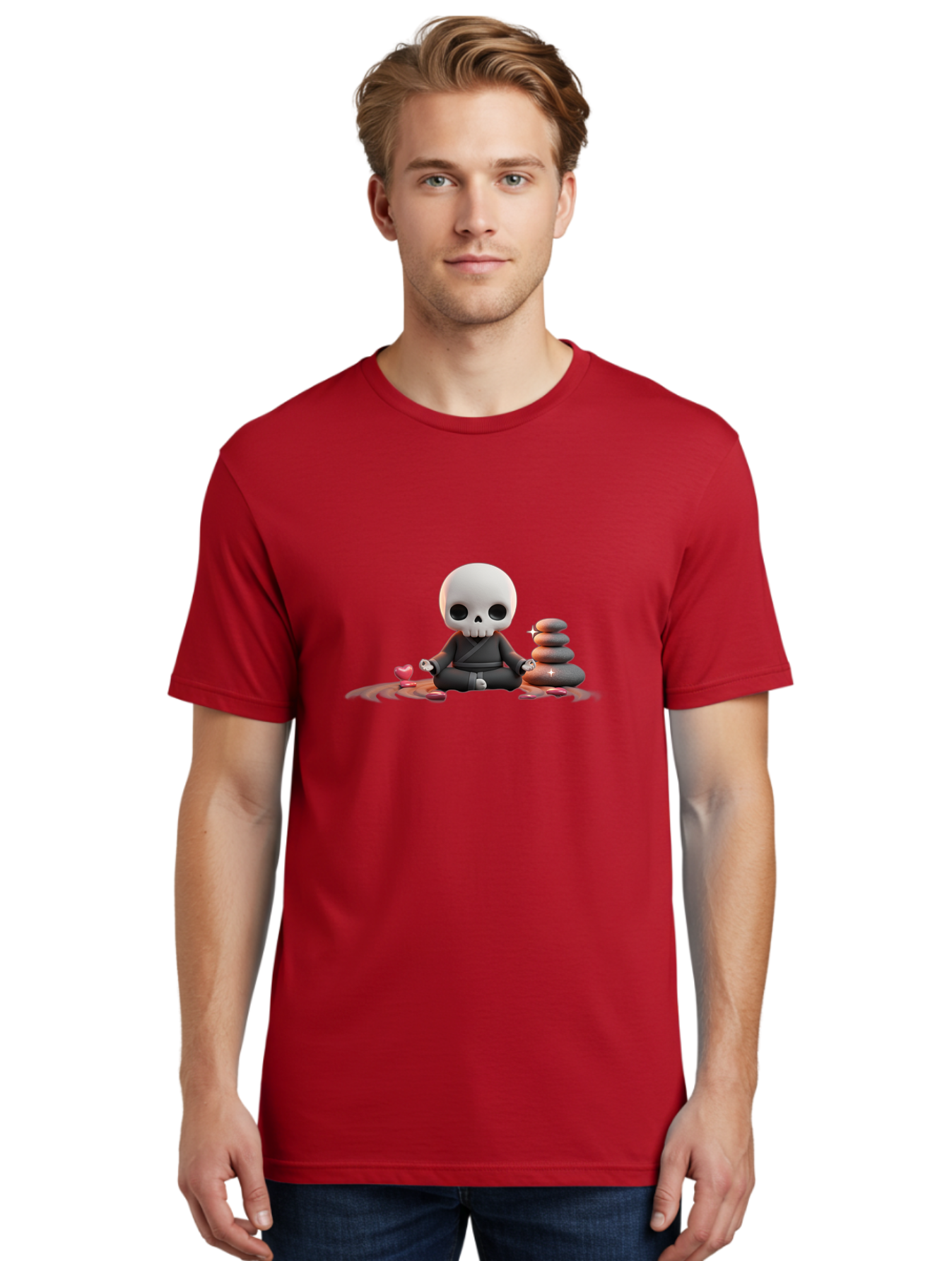 Skull-In-Meditation Men'S Graphic Tee, 100% Cotton, Comfortable Casual Summer Wear, Machine Washable, Meditating Skull, Zen Rocks, Balance And Harmony, Peaceful Atmosphere, Lotus Position, Mindfulness, Meditation, Zen Stones, Calmness, Bad589 23