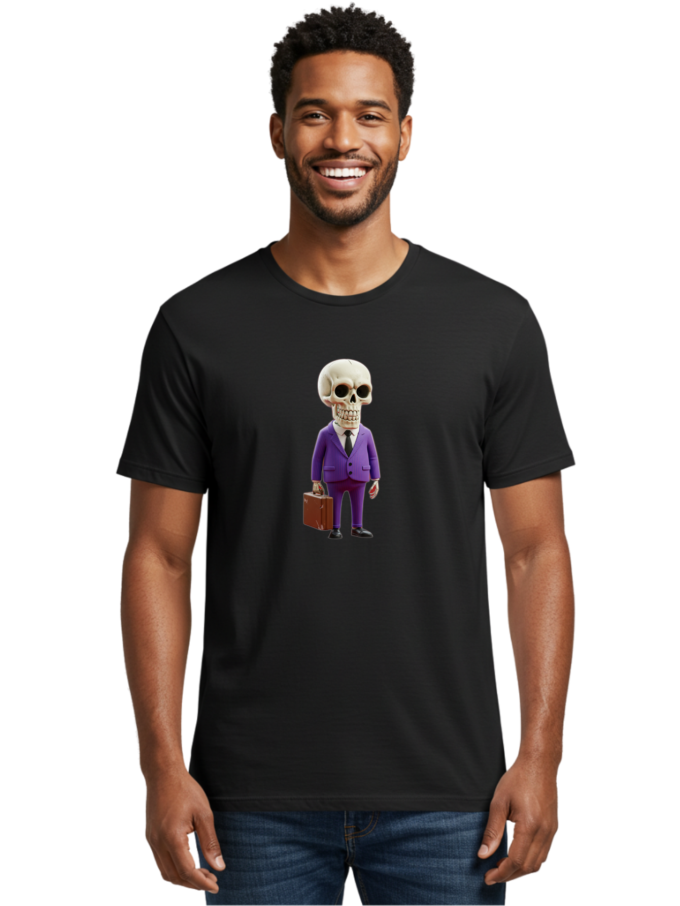 Skull-In-Suit-1 Men'S Graphic Tee, 100% Cotton, Comfortable Casual Summer Wear, Machine Washable, Skeleton In Purple Suit, Briefcase In Hand, Corporate Attire, Skeleton Character, Business Skull, Formal Wear, Human Skull, Office Setting, Bad590 29