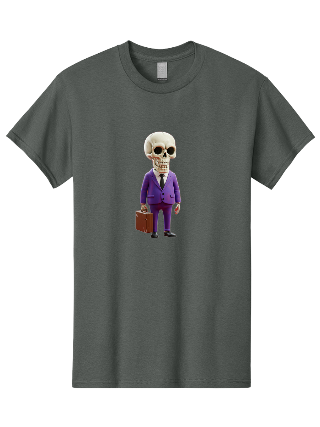Skull-In-Suit-1 Men'S Graphic Tee, 100% Cotton, Comfortable Casual Summer Wear, Machine Washable, Skeleton In Purple Suit, Briefcase In Hand, Corporate Attire, Skeleton Character, Business Skull, Formal Wear, Human Skull, Office Setting, Bad590 10